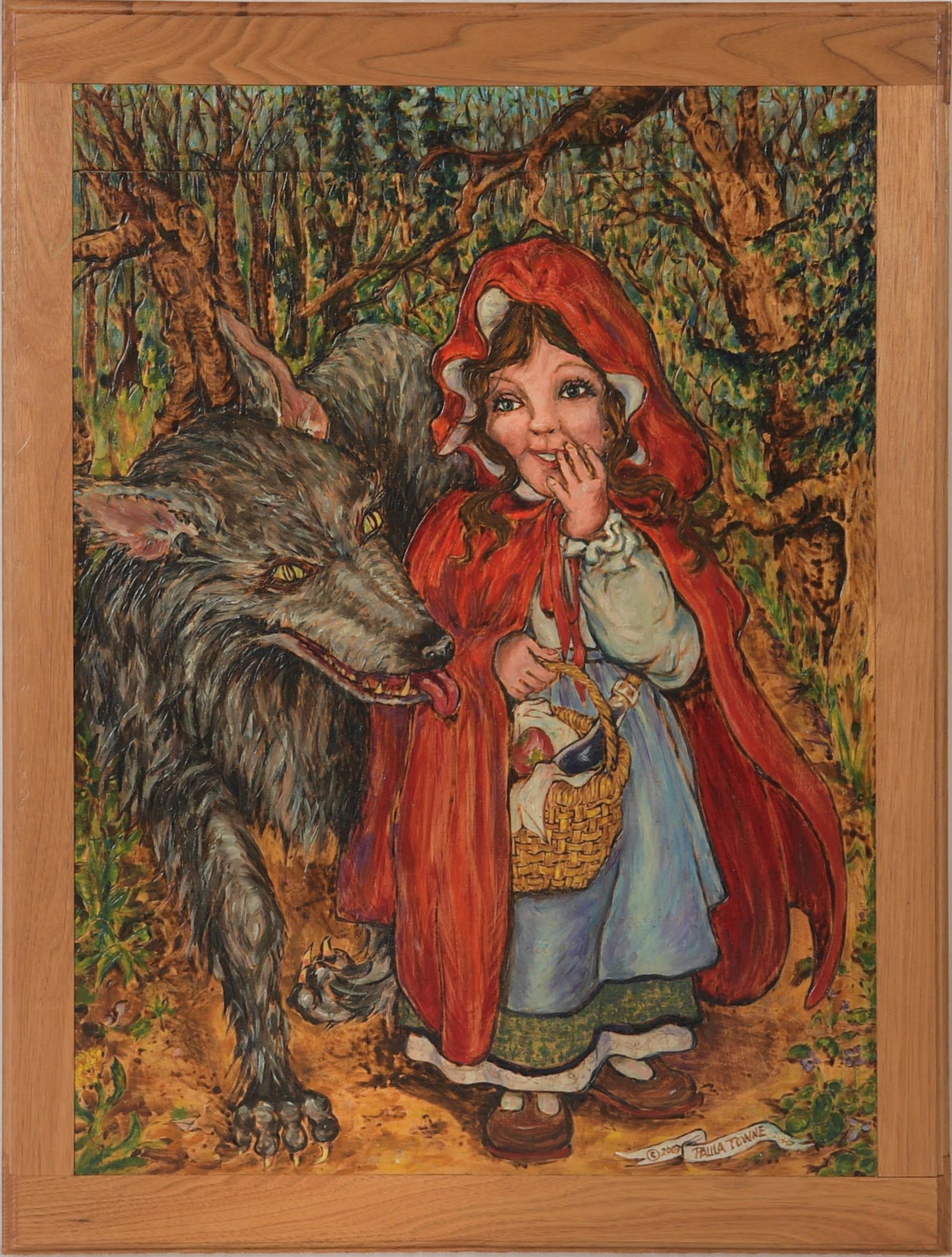 "Red Riding Hood", Woodburn and Acrylic. Paula Towne: A painting by Paula Towne (AM 1948-2020) depicting the wolf walking beside Red Riding Hood on a path in the woods. Artist signed the work in the lower right corner. Dimensions are: 27 3/4 inches tall 