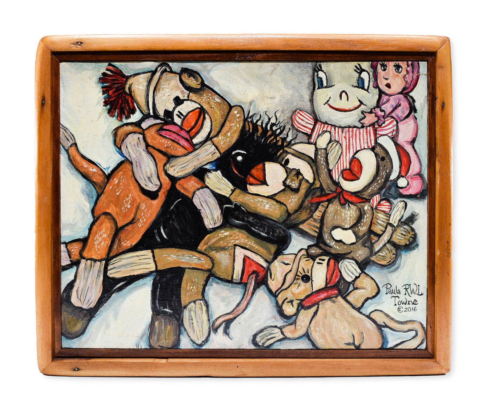 "Interracial Love-In", Acrylic, Paula Towne: A work of art by Paula Towne (AM 1948-2019) titled 'Interracial Love-In, featuring Mr. Peanut and the Sox Monkeys.' The work depicts interlocking sock monkeys, a Raggedy Ann doll, and others. The work