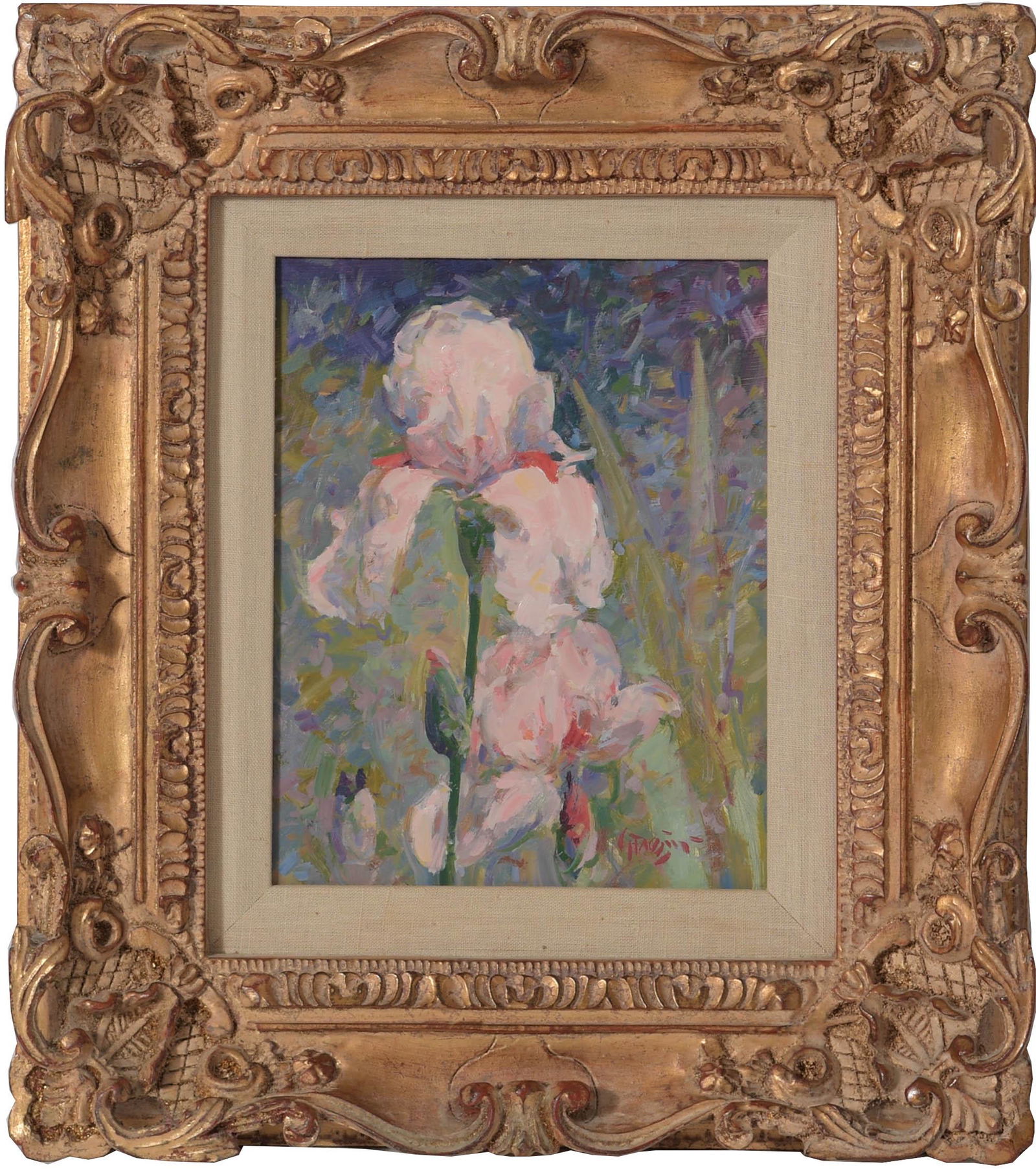 C. James Frazier "Color Expression" Oil on Board: C. James Frazier (American, B. 1944) oil on masonite titled 'Color Expression'. Painting of a pink iris in a expressionist manner. Artist signed in the lower right corner. Dimensions are: Frame size:
