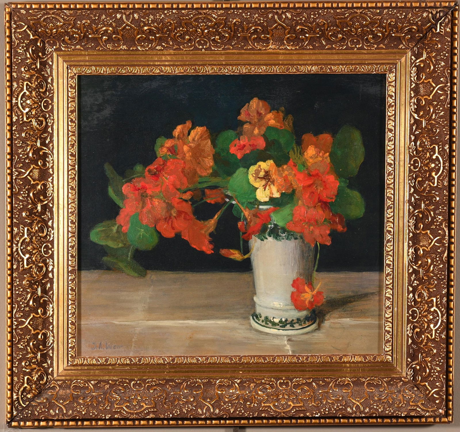 Manner of Julian Alden Weir Floral Still Life: Manner of Julian Alden Weir (1852-1919, American) oil on masonite, 'Floral Still Life.' Apocryphal signature 'J. A. Weir' in the bottom left corner. Dimensions are: including frame - 18 inches tall X