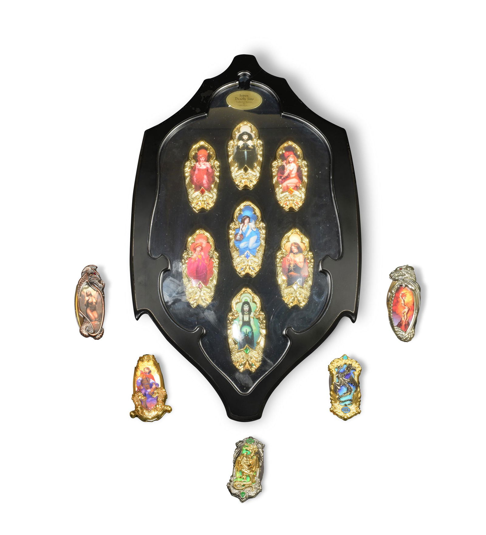12 Boxed Franklin Mint Fantasy Collector Knives: The Franklin Mint (American, founded 1964) mixed materials. A group of 12 fantasy collectors knives including: the Seven Deadly Sins set plus five additional fantasy knives by Gerald Brom (American, b