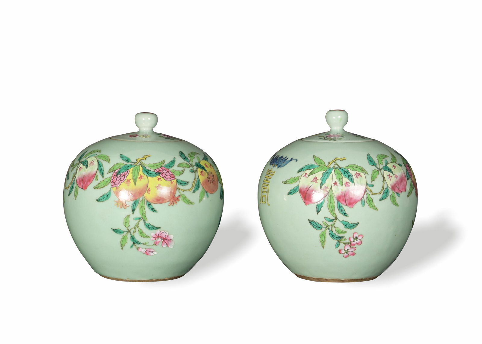 Pair of Celadon Famille Rose Lidded Jars, 19th Century (1 of 12)