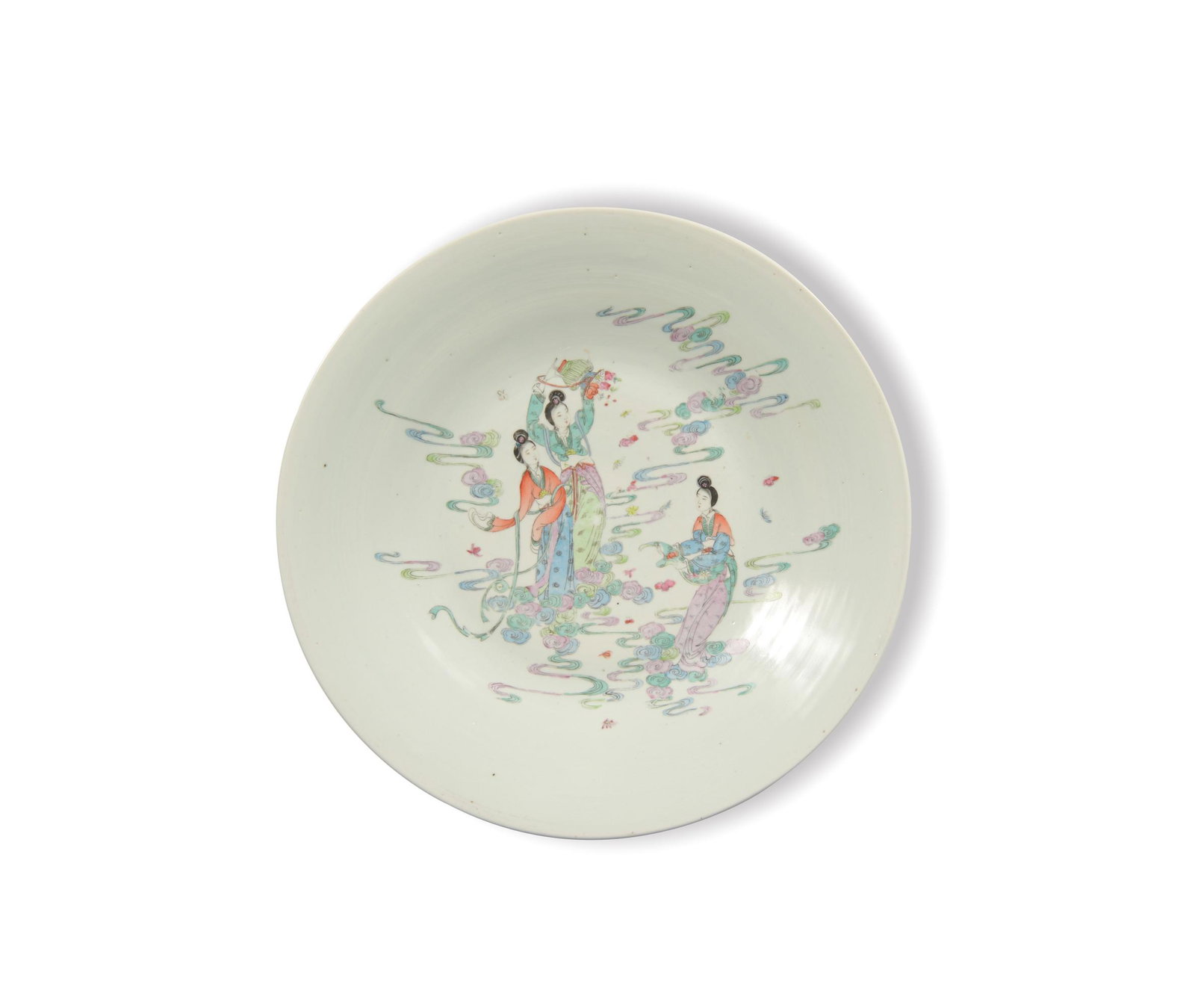 Chinese Famille Rose Plate, Republic: A Chinese famille rose charger dating from the Republic period. The interior features three mystical women among clouds on a white ground, and the exterior is glazed white. Dimensions are: 2 inches ta