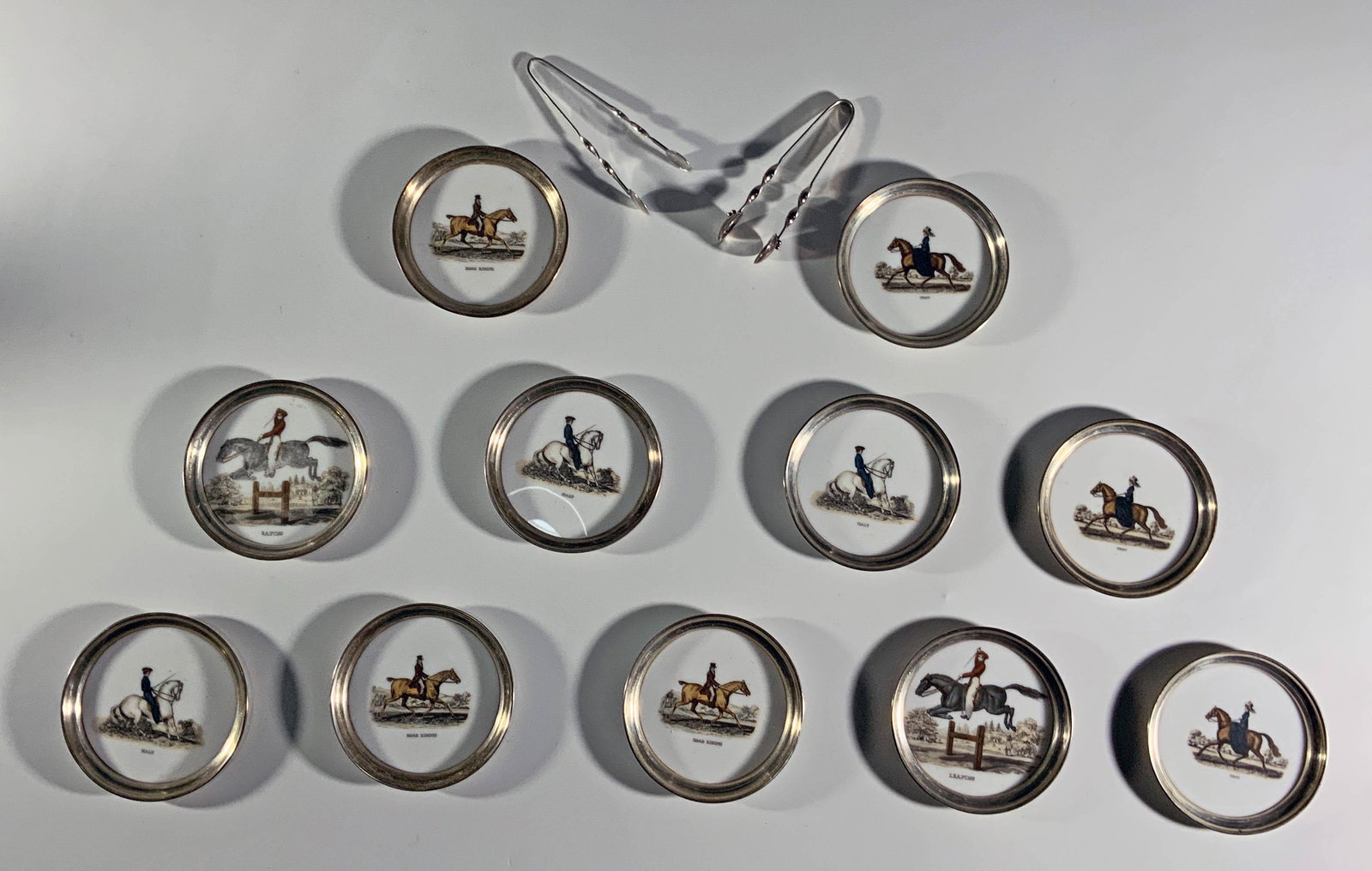13 Sterling and Porcelain Equestrian Coasters, Nips (1 of 4)