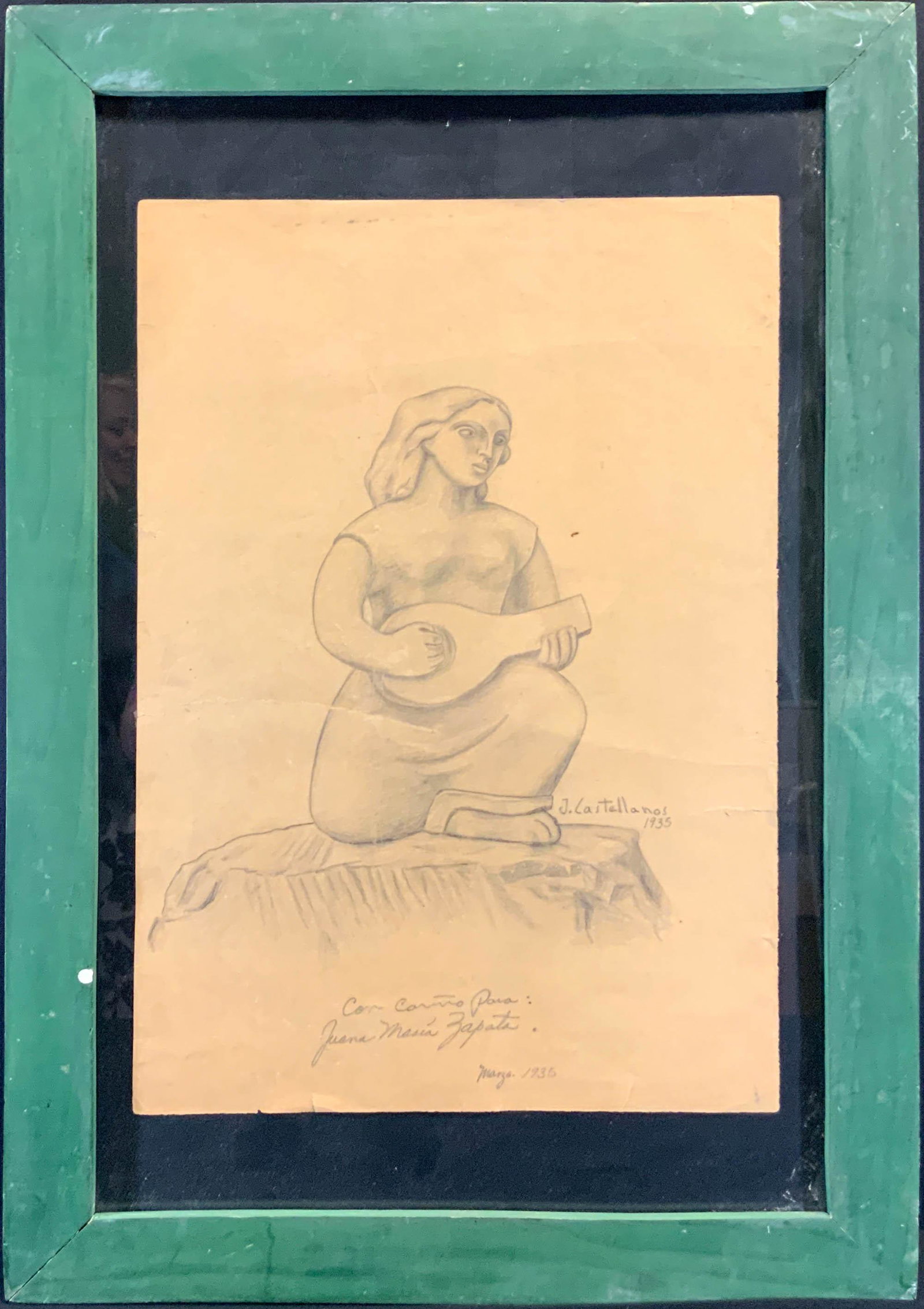 Julio Castellanos 1935 Inscribed Charcoal Drawing: A charcoal drawing of a woman playing a lute by Julio Castellanos (Mexican, 1905-1947). The work is signed J. Castellanos and dated with the inscription: Con CariÃ±o Para (with love for): Juana Mari