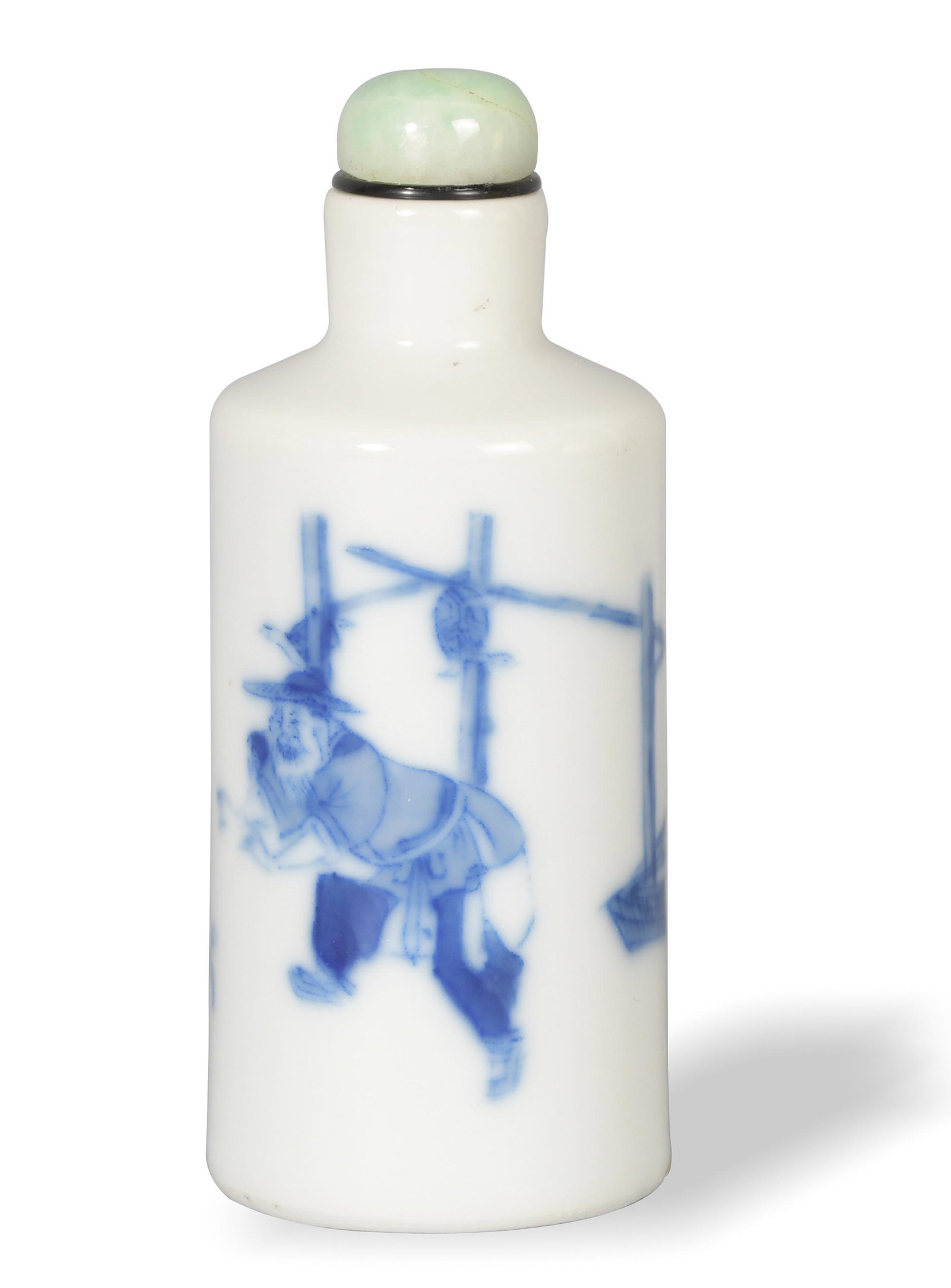 Chinese Blue and White Snuff Bottle, 19th Century: A Chinese blue and white porcelain snuff bottle dating from the 19th century. The cylindrical body features two figures chasing a rabbit. The bottom has a 6-character mark. It comes with a stopper. Di
