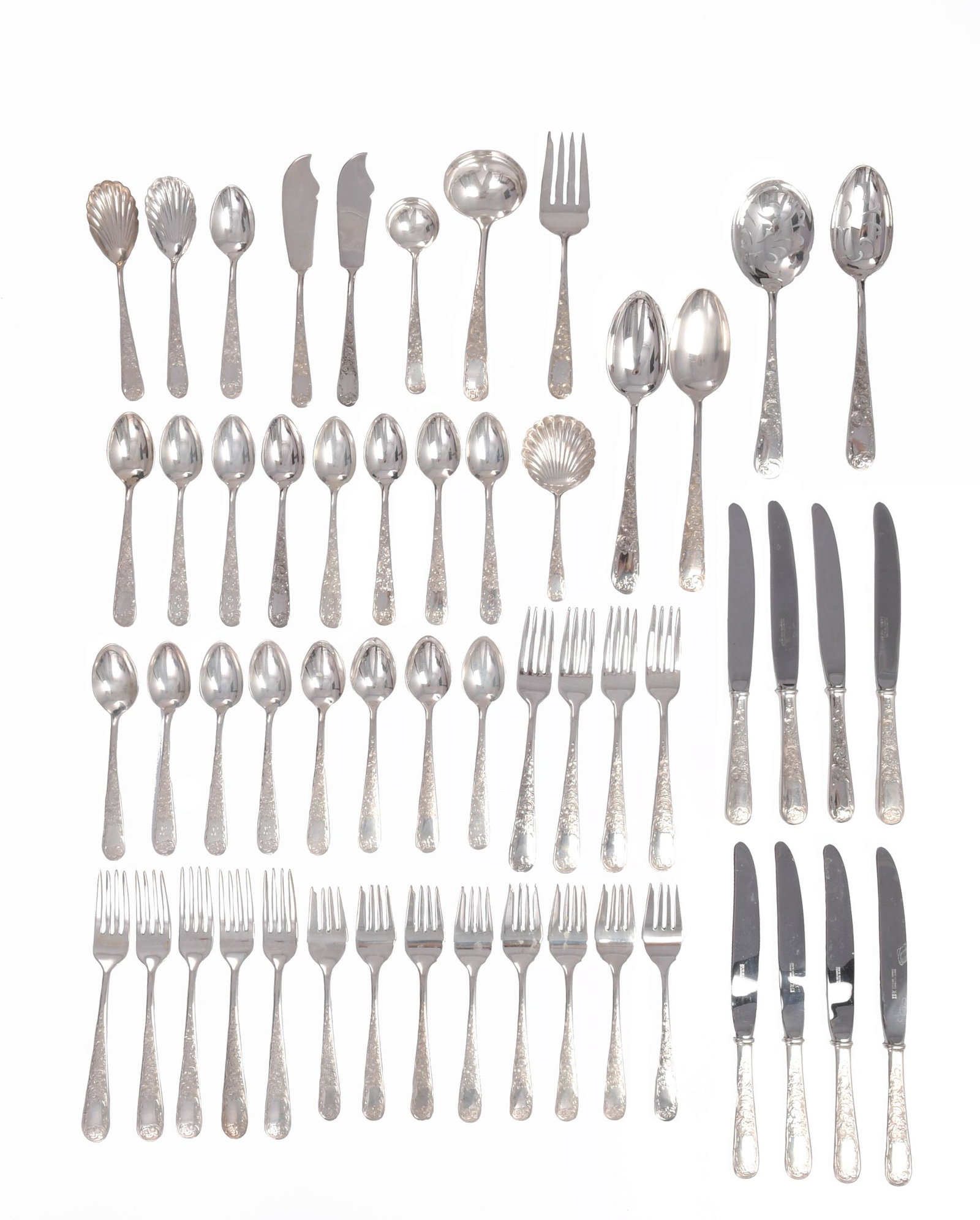 54 S. Kirk and Son Old Maryland Engraved Sterling: A group of 54 pieces of S. Kirk & Son Old Maryland Engraved sterling flatware. The group includes: 17 teaspoons, 9 dinner forks, 8 salad forks, 9 dinner knives, 2 butter knives, 1 bonbon server, 2 sug
