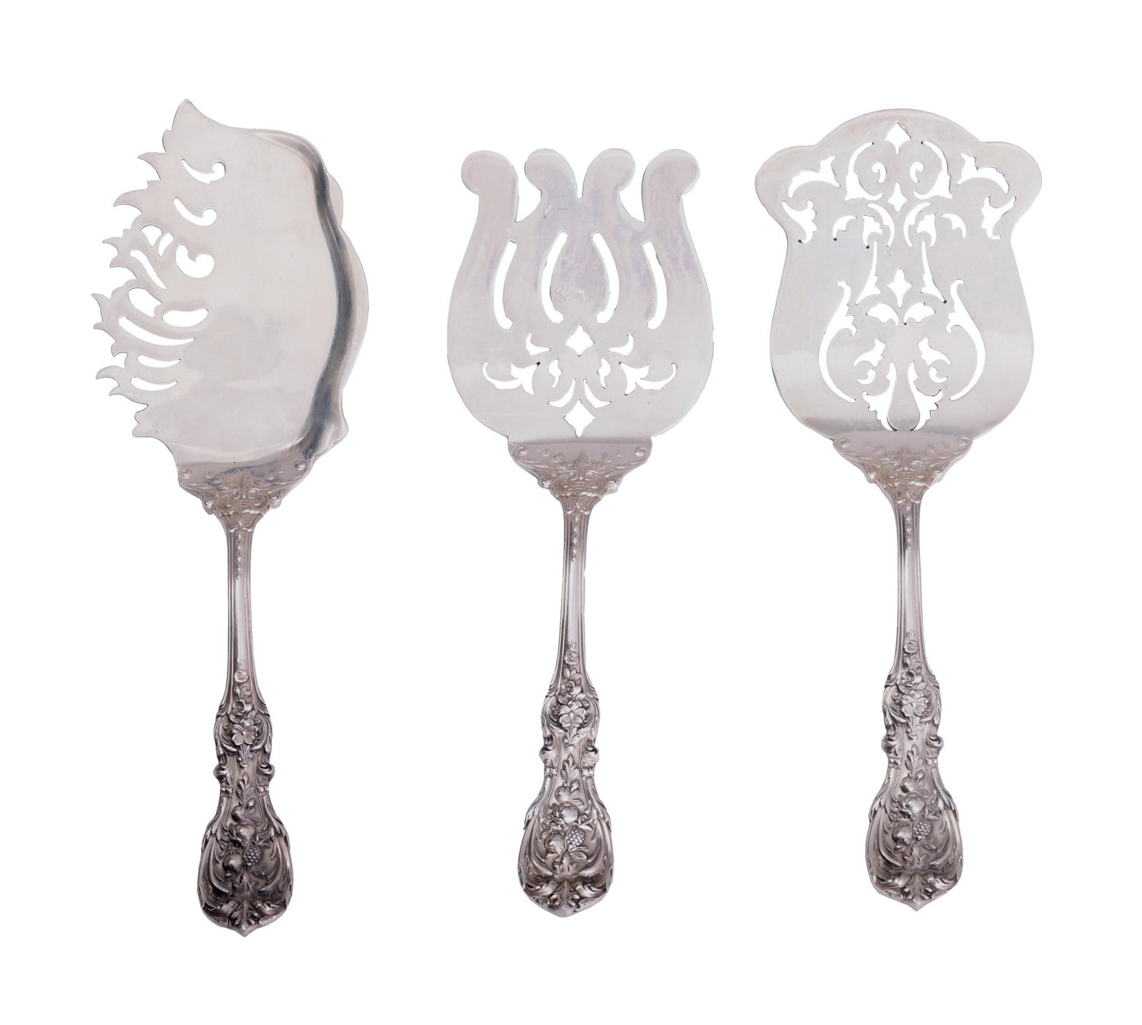 3 Reed and Barton Francis I Sterling Servers: A group of three sterling silver anniversary utensils made in 1999 for the 175th anniversary of Reed and Barton. The group includes an asparagus fork, a server and a macaroni server. Dimensions are: t