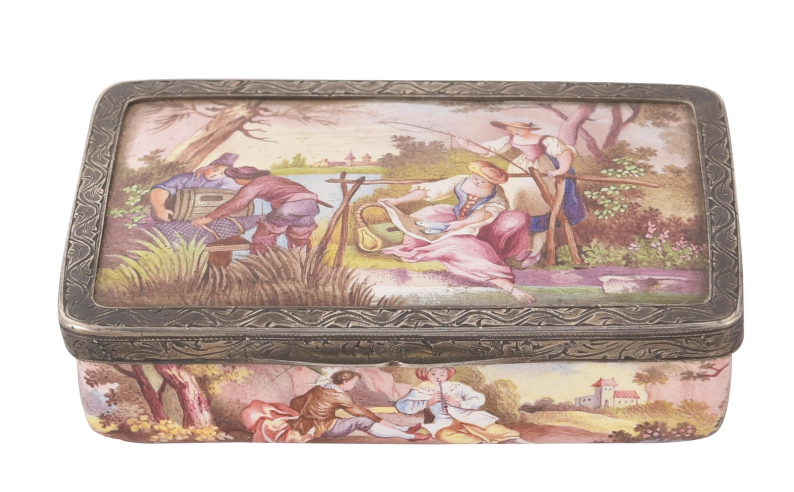 Sterling and Enamel Snuffbox by B C T Co. Ltd., 1927: A continental copper snuff box with silver overlay and porcelain enamel. The lid of the box depicts an outdoor fishing scene with four figures while the body depicts a landscape scene with two figures