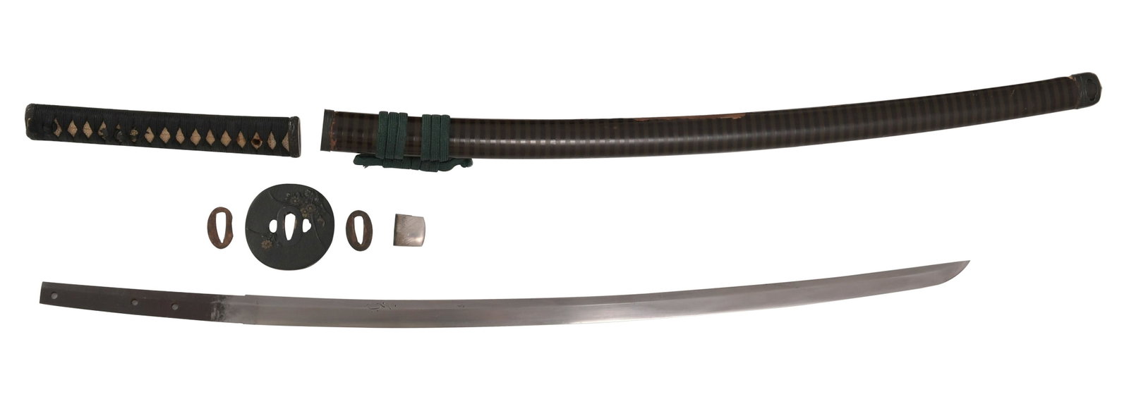 Japanese Katana with Bonji, Lacquer Saya, Meiji: Japanese katana, likely Meiji, possibly Edo period. Blade with Bonji inscriptions, midare hamon, itame hada, silver on copper habaki, nakago with three mounting holes. Banded lacquer saya, ray skin ts