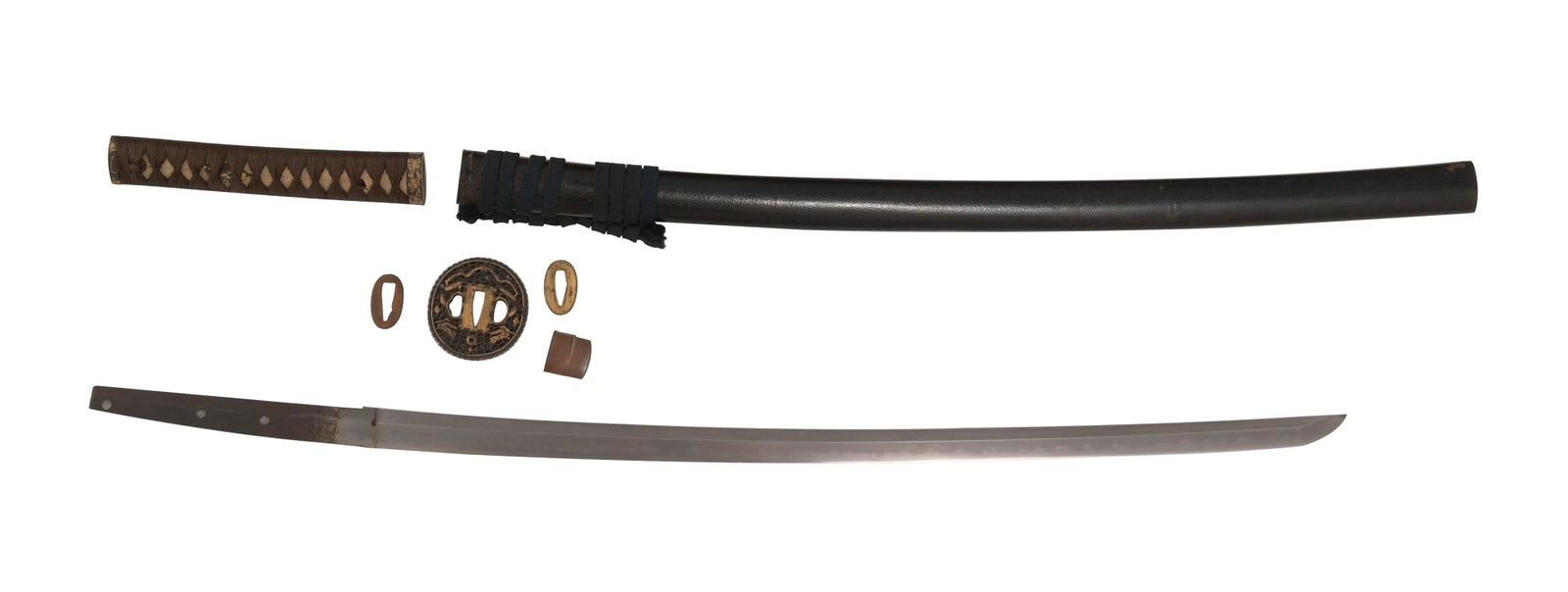 Japanese Katana with Lacquer Saya: Japanese katana, likely late Edo, with lacquered wood saya. Toranba hamon, masame hada, copper habaki. Tsuka with ray skin, later tsuka-ito, gilt menuki, matching gilt fuchi and kashira. Pierced iron 
