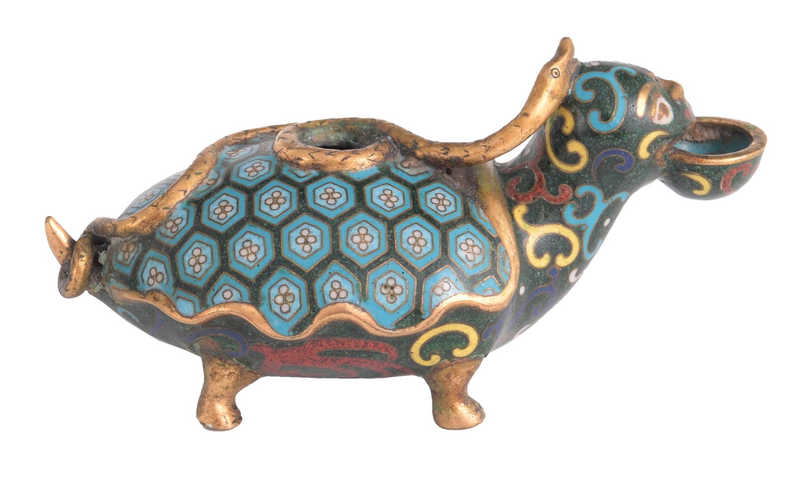 Chinese Cloisonne Turtle Water Dropper: A Chinese cloisonne water dropper in the shape of a turtle. There is a snake slithering along the top of its shell. The top of the dropper and the mouth of the turtle have openings. The turtle's shell