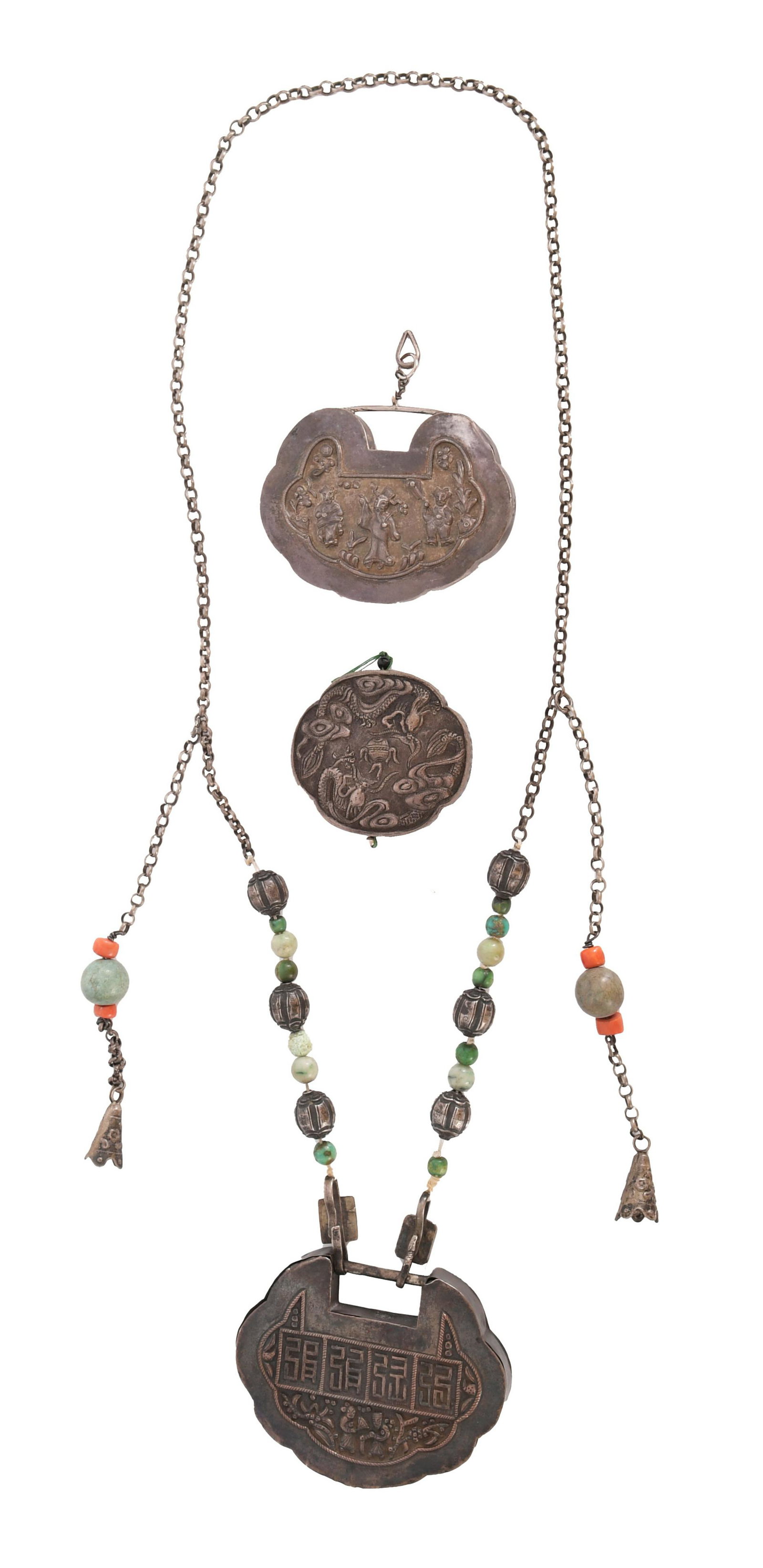 3 Chinese Silver Locks, 19th Century: A group of 3 Chinese silver locks dating to the 19th century. One lock still retains its chain and beads. Dimensions are: the largest item measures 20 1/2 inches long, 52.07 cm. All measurements are a