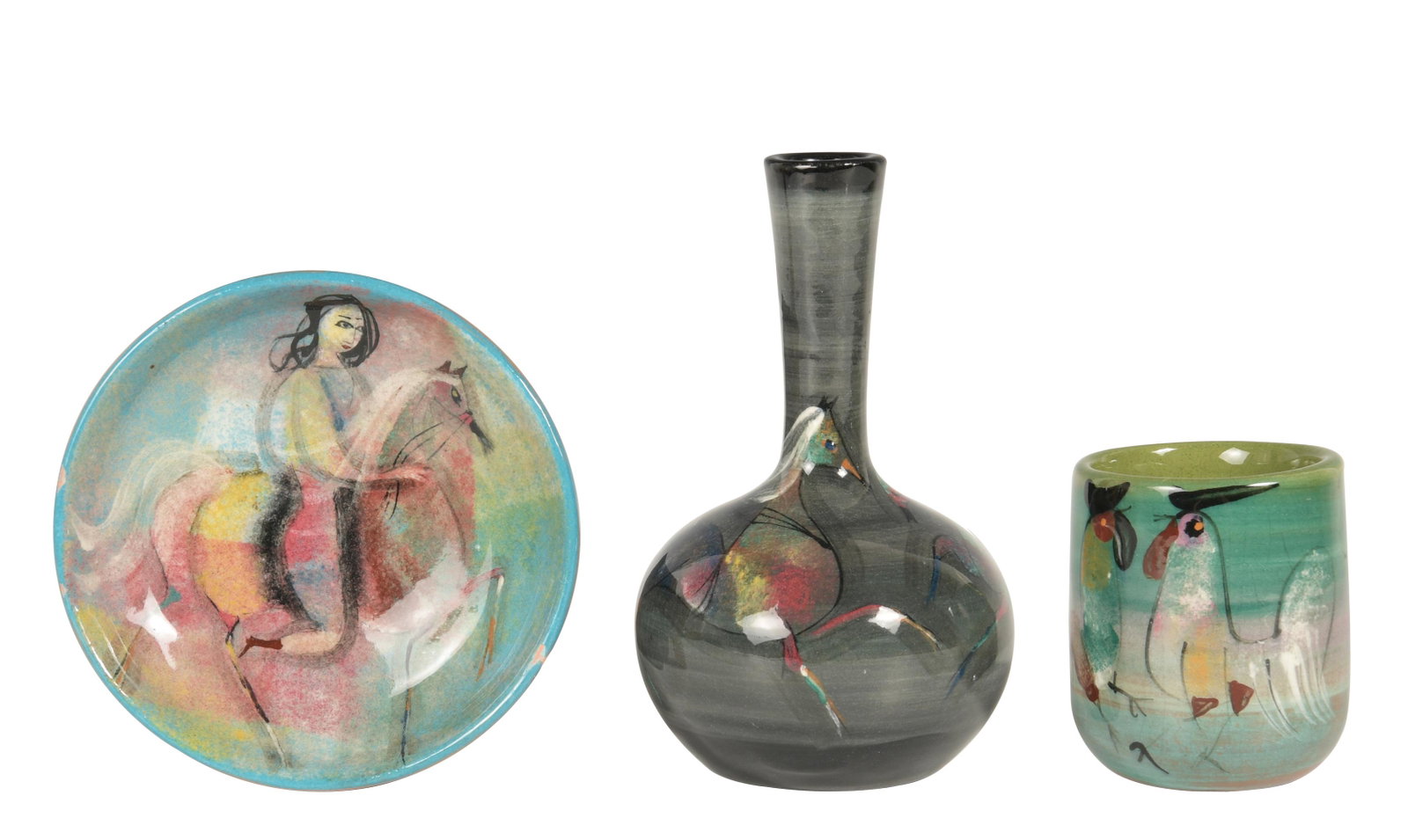 3 Polia Pillin Pottery, Vase, Cup and Bowl: A group of 3 works of pottery by Polia Pillin (Polish/American, 1909-1992). The lot includes a small vase depicting two horses, a cup featuring two chickens on one side, and a bowl with a painted scen
