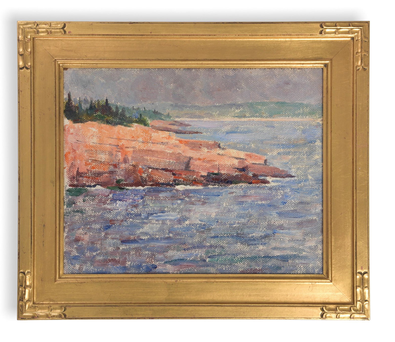 Dines Carlsen, Oil "Grey Sky on the Coast": An oil on masonite work by Dines Carlsen (American, 1901-1966) titled 'Grey Sky on the Coast.' The verso has backstamps from Campanile Galleries, Chicago; Kamp Gallery, Winnetka and a paper label from