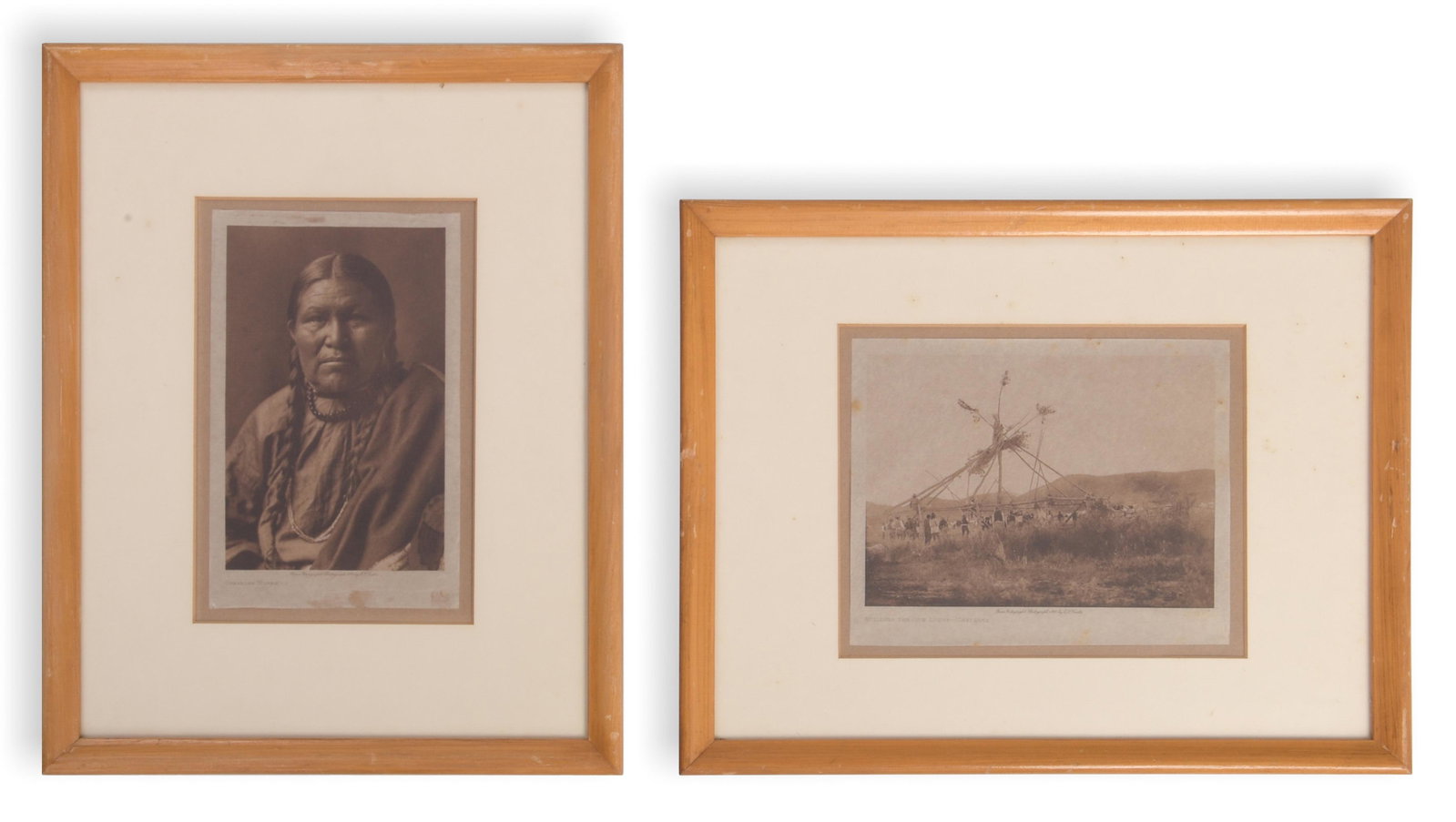 2 Edward S. Curtis Tissue Photogravures: A group of two Edward Sheriff Curtis (Am., 1868-1952), tissue photogravures titled 'Building the Sun Lodge - Cheyenne, 1911' and 'Cheyenne Woman, 1910.' Dimensions are: the largest item measures frame