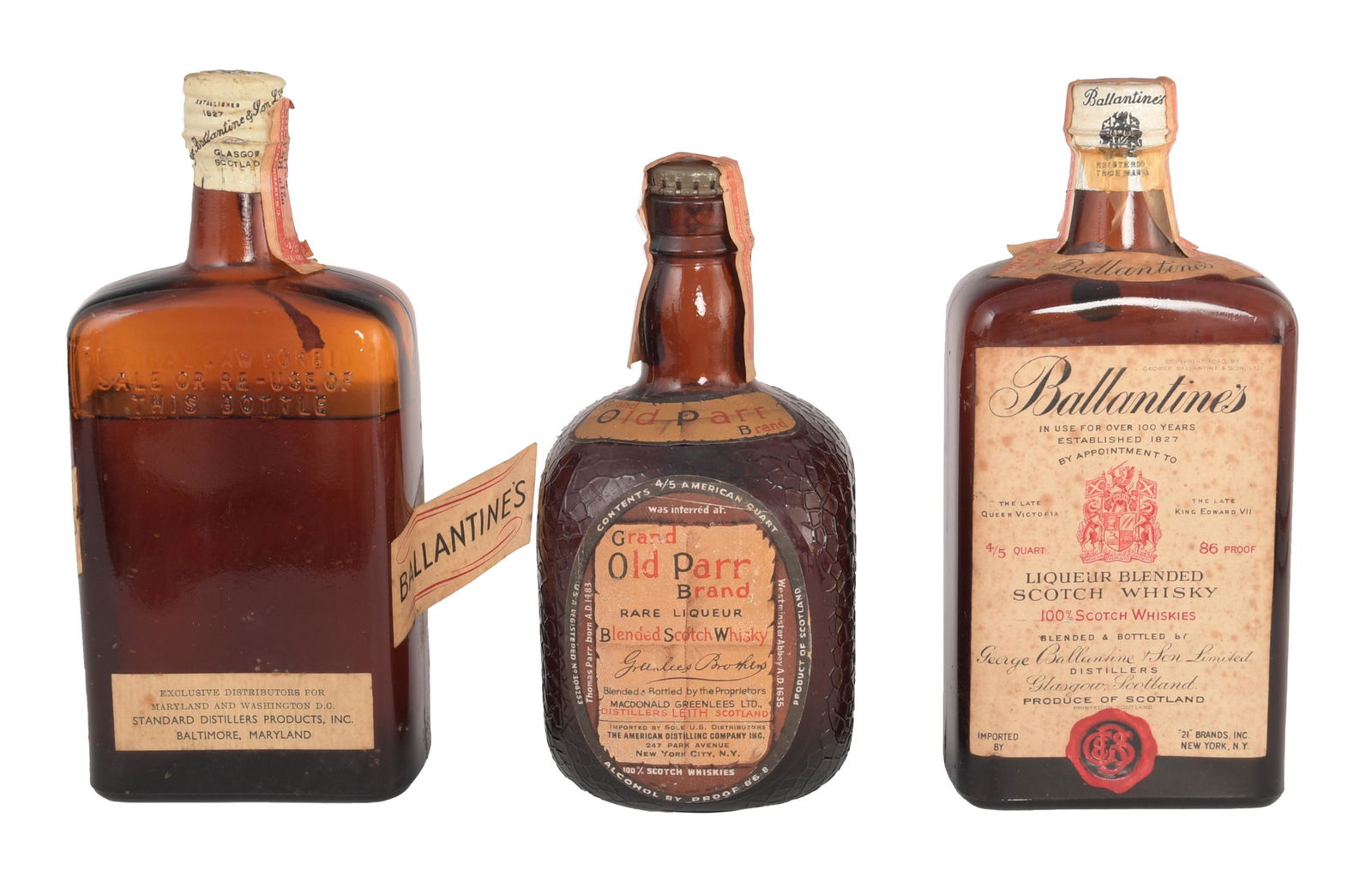 3 Sealed Bottles Scotch, Old Parr & Ballantine's: The lot includes a 1950's bottle of Old Parr with a spring cap and the Federal Tax stamp. The proof is unknown. The lot also includes two bottles of 86 proof, 4/5 quarts Ballantine's with pre series F