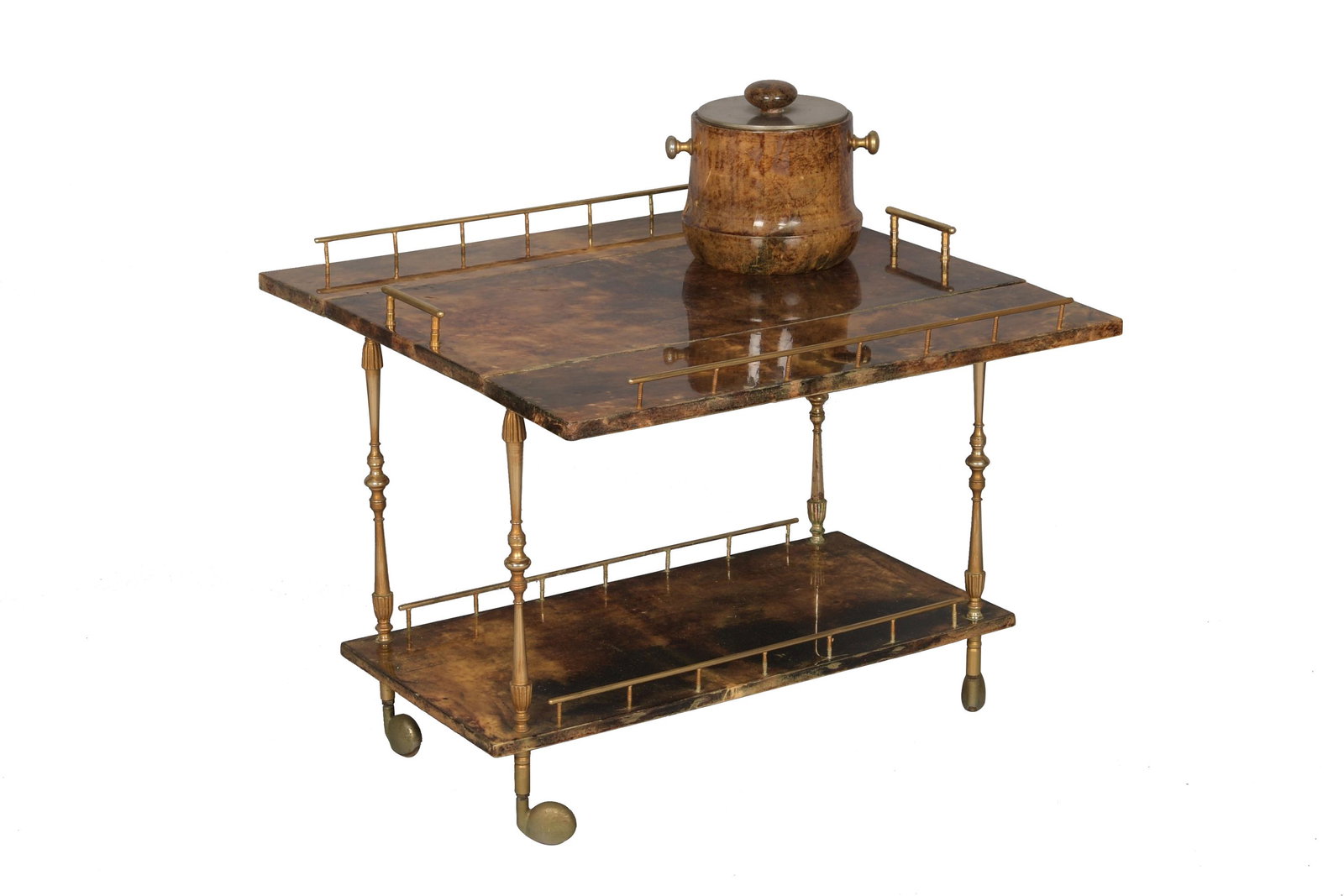Aldo Tura MCM Goatskin Bar Cart & Ice Bucket: An Aldo Tura mid-century modern goatskin bar cart on wheels and an ice bucket. Dimensions are: 24 1/2 inches tall X 29 inches wide, 62.23 cm X 73.66 cm. All measurements are approximate. Condition: Ag