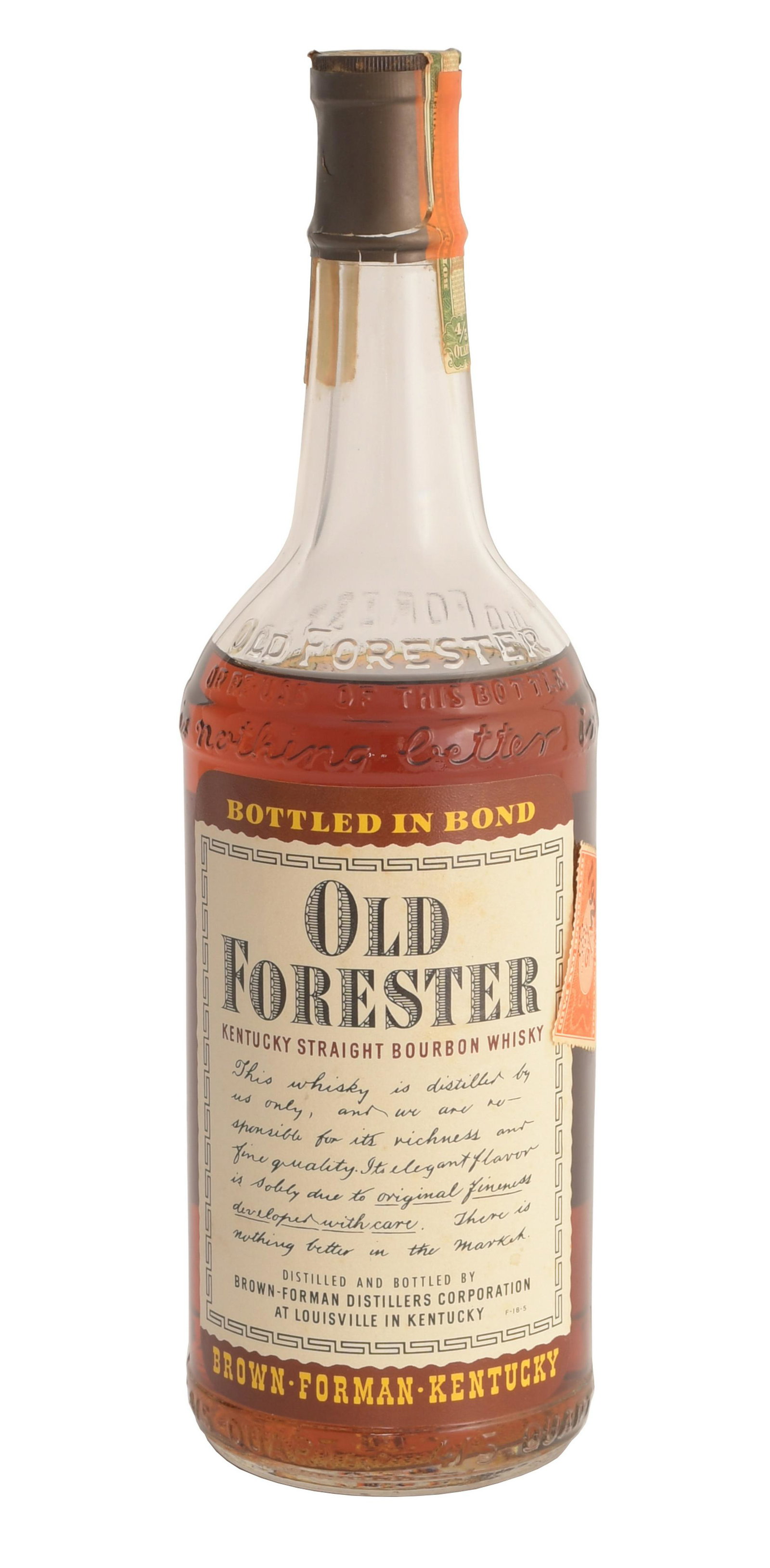 Sealed Bottle Old Forester Bourbon 1949: A sealed bottle of Old Forester Bourbon Whisky, with the original green 'Carlisle' bottled in bond tax stamp stating it was bottled in 1949. The bottle is 100 proof. Please note: Due to Virginia’
