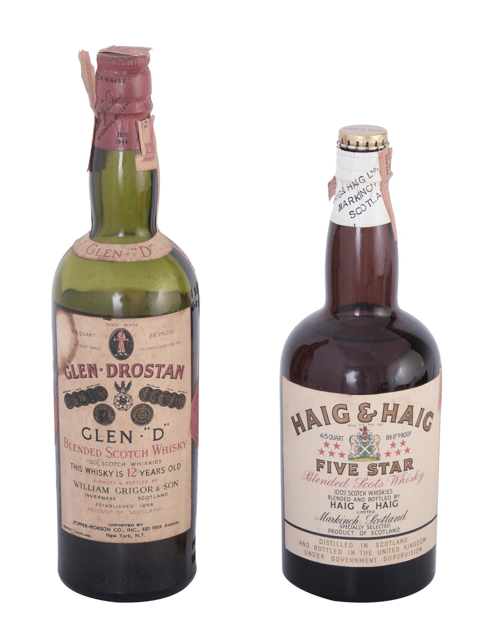 2 Sealed Bottles, Haig & Haig 5 Star, Glenrostan: The lot includes a sealed bottle of 86 proof 12 year old Glendrostan blended Scotch from William Grigor and Son. It is 4/5 of a quart and was bottled in the 20's. The bottle has the pre series Federal