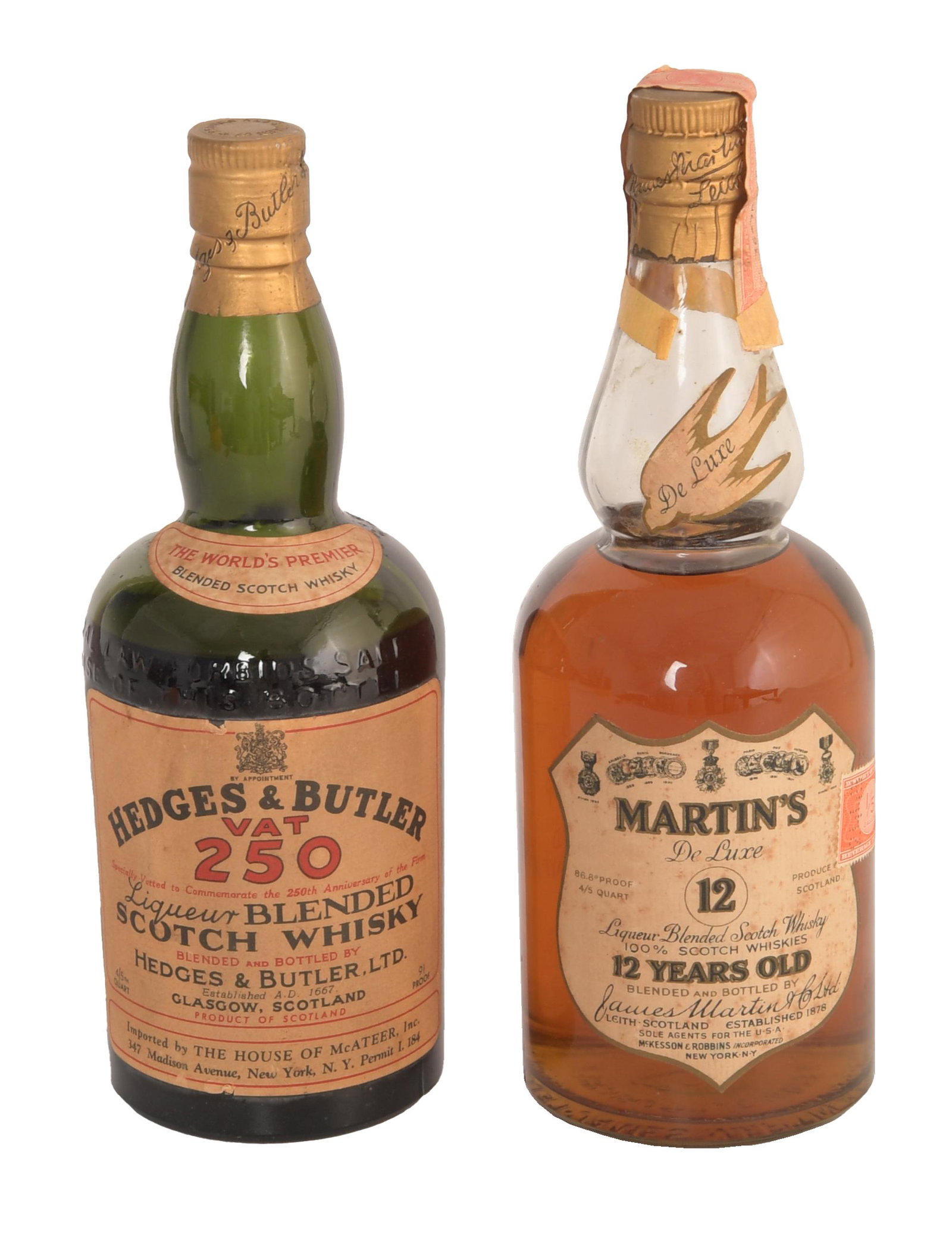 Sealed Hedge's & Butler, Martin's Scotch: This lot includes a sealed bottle of Hedges and Butler Vat 250 Scotch, likely bottled in the 1940's and a sealed bottle of Martin's 12 de luxe Scotch, circa 1950, with a series 111 Federal tax stamp. 