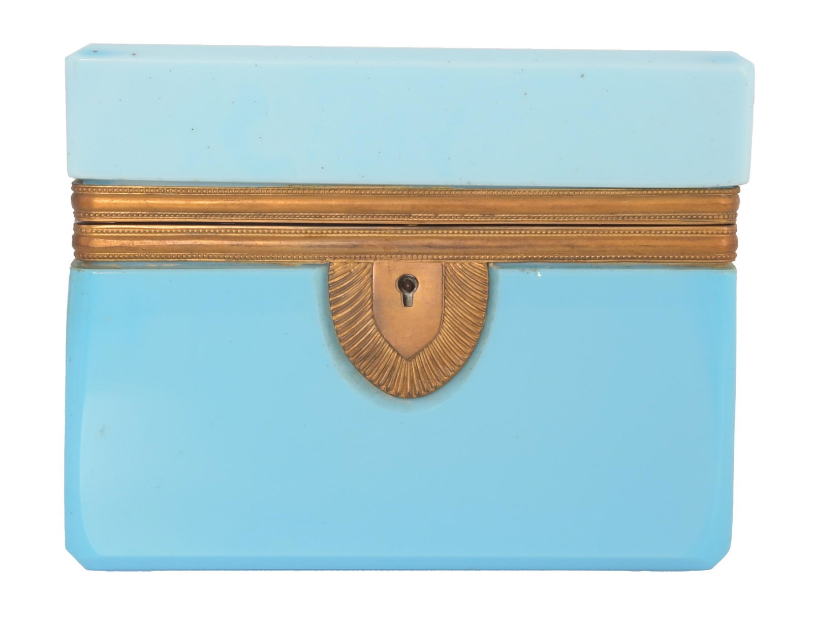 Antique French Blue Opaline Glass Casket / Box: An antique pale blue opaline glass dresser casket with bronze mounts and a key lock. The key is not included with the lot. Dimensions are: 4 inches tall X 6 inches wide X 4 inches deep, 10.16 cm X 15.