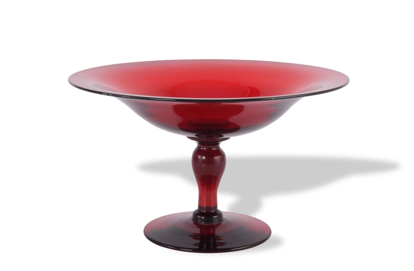 Steuben Selenium Red Compote: A Steuben Selenium red compote with the bottom marked Steuben, incised no. 6058. Dimensions are: 5 inches tall X 7 1/2 inches wide, 12.7 cm X 19.05 cm. All measurements are approximate. Condition: No