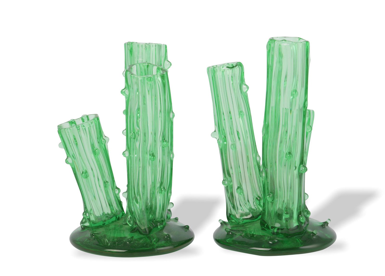 2 Steuben, F. Carder, Triple Bud Vases Shape 2744: A pair of Steuben bud vases designed by Frederick Carder, shape 2744 in Pomona green. Dimensions are: 6 inches tall X 3 1/2 inches wide, 15.24 X 8.89 cm. All measurements are approximate. Condition: N