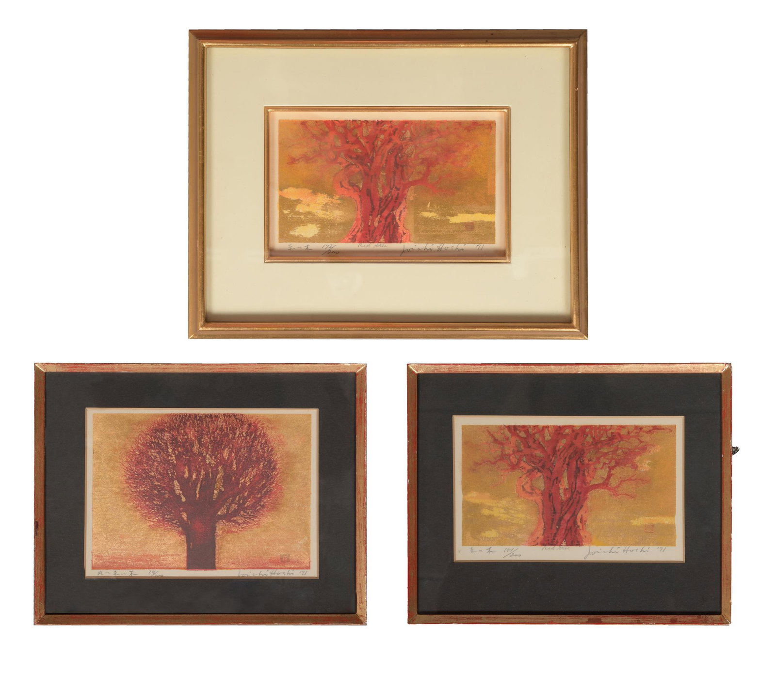 3 Japanese Woodblocks by Joichi Hoshi: A group of 3 Woodblocks by Japanese artist Joichi Hoshi (1913-1979). Hoshi was a well known artist whose oeuvre encompasses images of trees, often leafless. The three works feature red trees with a go