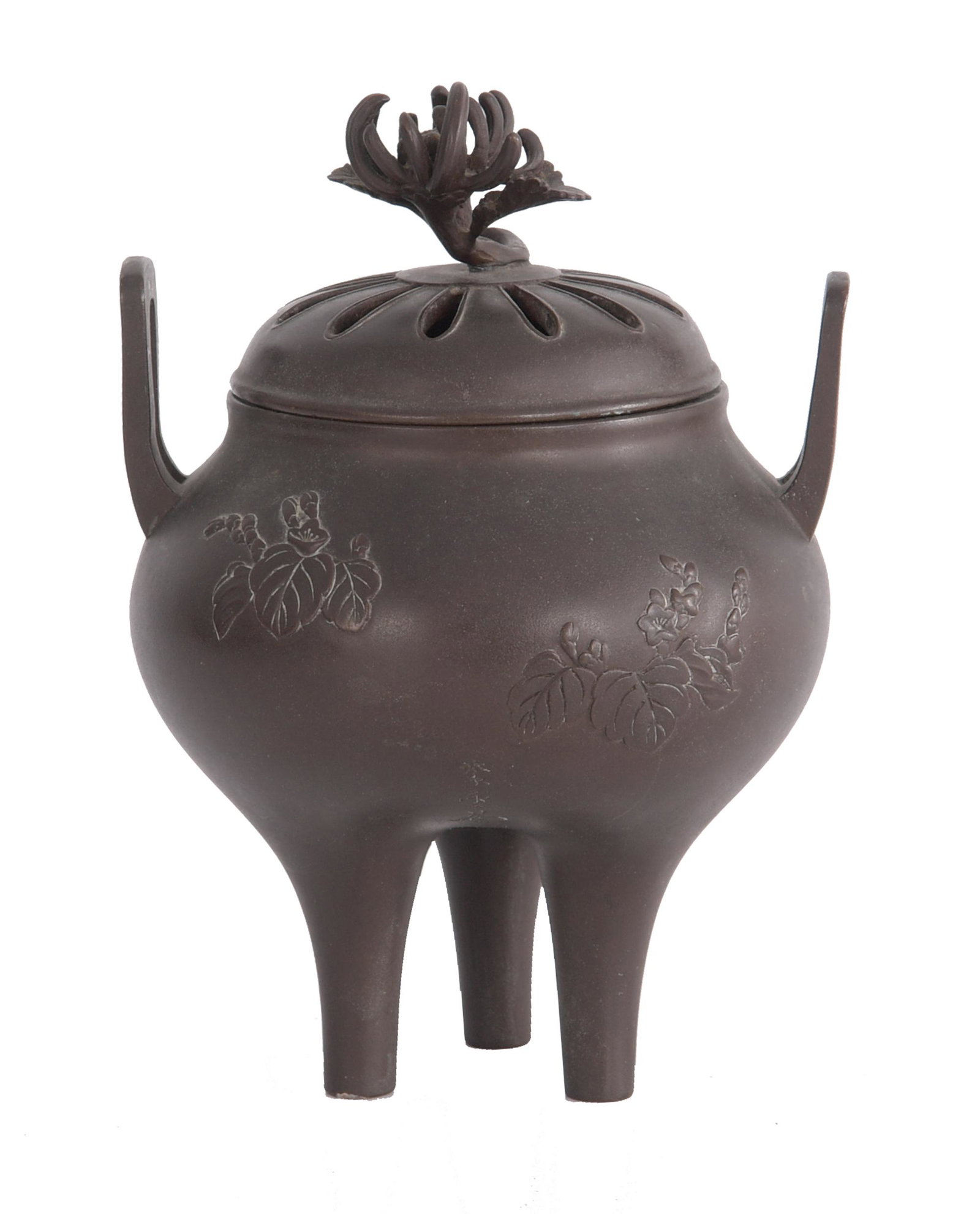 Japanese Bronze Koro with Phoenix by Shiun, Meiji: A Meiji period Japanese bronze tripod koro with phoenix motif on the body and a flower finial. The bottom of the koro is signed 'Made by Shiun.' Dimensions are: 6 1/2 inches tall X 4 1/2 inches wide, 