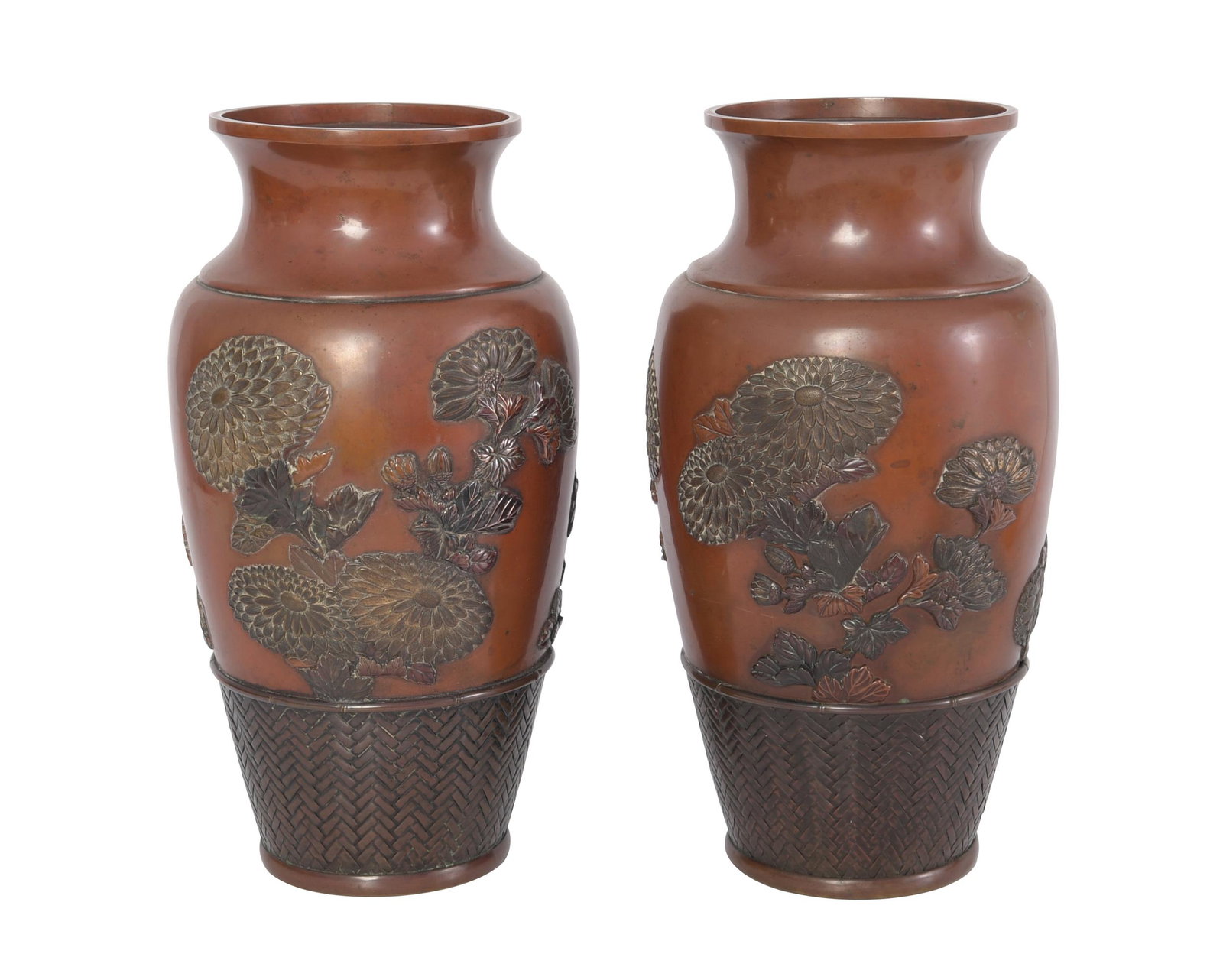 2 Japanese Mixed Metal Vases, Meiji: A pair of Japanese mixed metal vases with copper, gilt and bronze chrysanthemums and a basket weave pattern on the foot of the vases. The vases date to the Meiji period. Dimensions are: 9 1/2 inches t