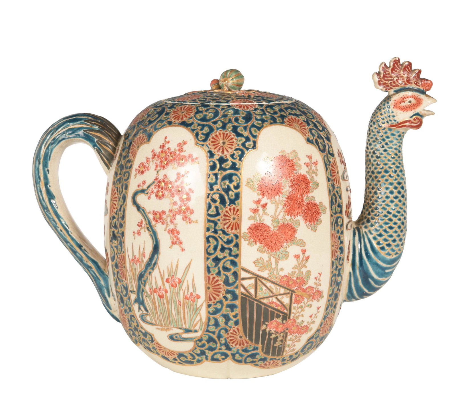 Japanese Satsuma Gosu Blue Rooster Teapot, Meiji: A Japanese Satsuma gosu blue rooster teapot from the Meiji period. The body of the teapot features roundels depicting cherry trees and chrysanthemums. The lid features a gourd finial. Dimensions are: 