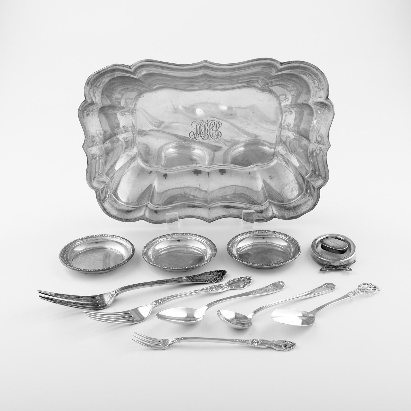 Reed and Barton tray marked X959. R. Blackinton pillbox, small sterling frames, three butter pats by (1 of 8)