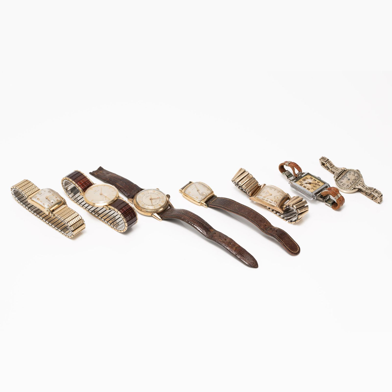 Watches are: Wittnauer (running), Helbros Alarm (running), early Elgin (running), 1928 Elgin: Watches are: Wittnauer (running), Helbros Alarm (running), early Elgin (running), 1928 Elgin (missing crystal), Elgin De Luxe, 17j , 672 movement (running),1947 Hamilton, 19j, 982 movement (running),