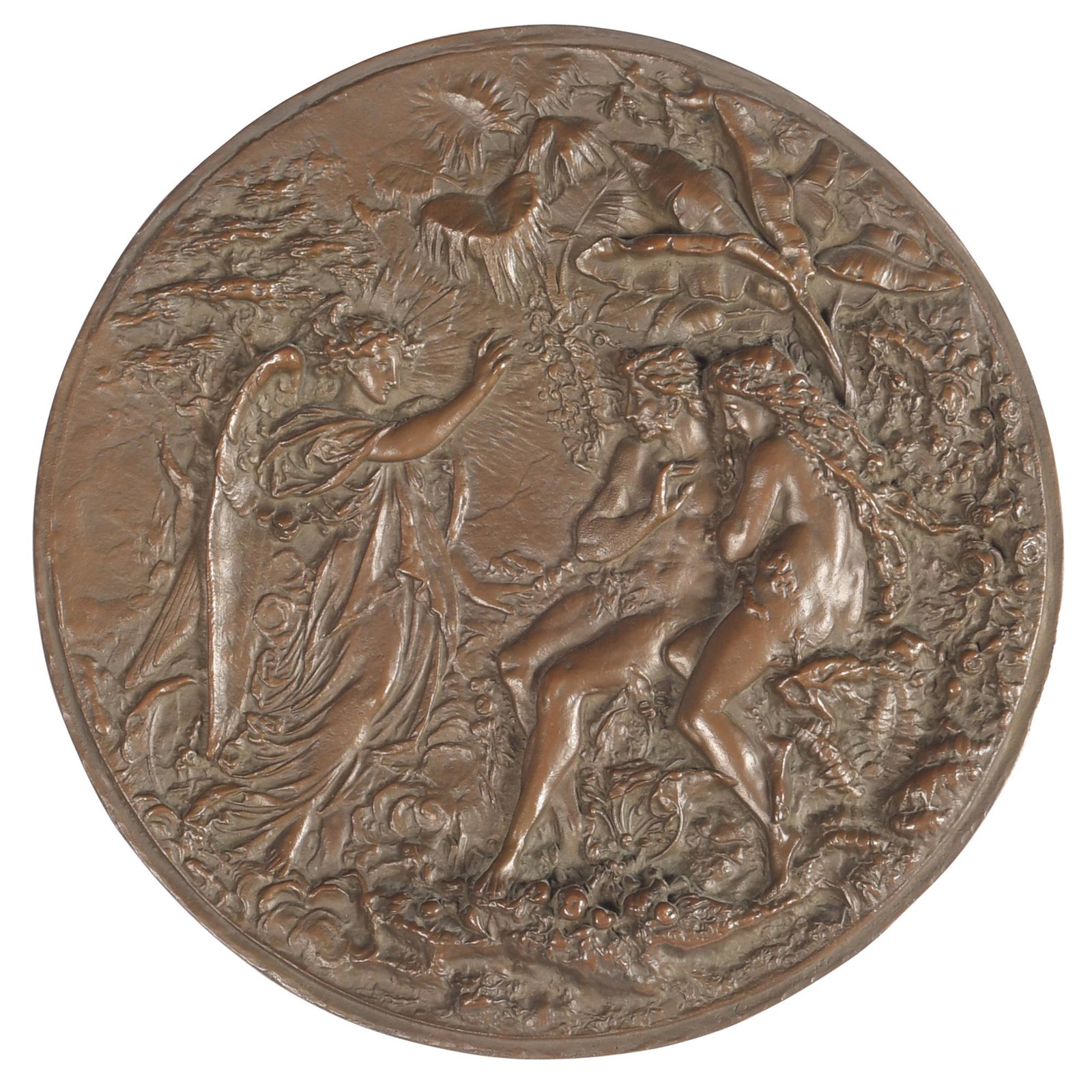 A round bronze plaque cast by The Henry-Bonnard Bronze Co., circa 1900. The plaque, titled: A round bronze plaque cast by The Henry-Bonnard Bronze Co., circa 1900. The plaque, titled "Expulsion of Adam and Eve," depicts a relief of a radiant angel smiting the Biblical Adam and Eve in the Gar