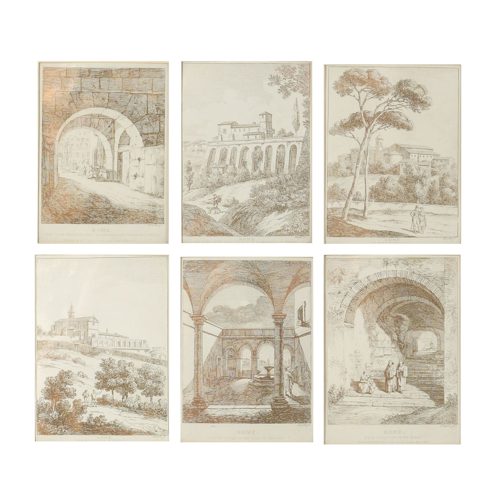 Six book engravings by Bartolomeo Pinelli from the 1820s and 1830s published by W. B. Cooke. Works: Six book engravings by Bartolomeo Pinelli from the 1820s and 1830s published by W. B. Cooke. Works are framed and double matted. Dimensions are: 5 3/8 inches tall X 3 3/4 inches wide, 13.65 cm X 9.53