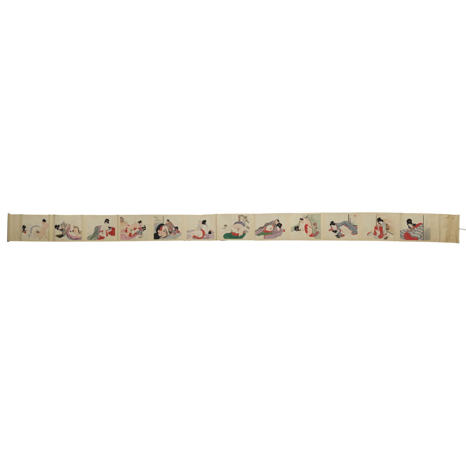 A Japanese handscroll of 12 Shunga paintings depicting different characters in various positions and (1 of 6)