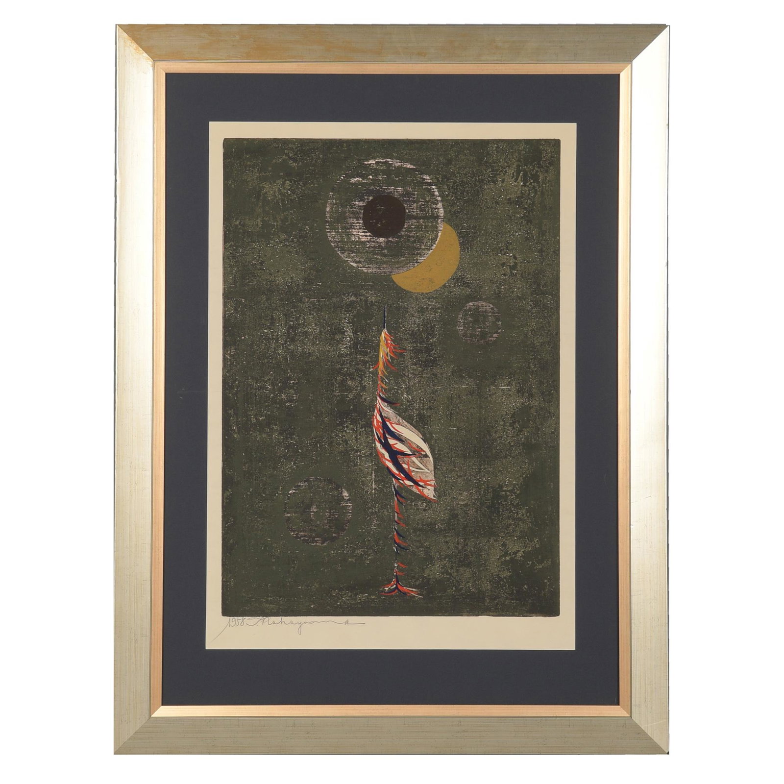 A Japanese woodblock by Tadashi Nakayama. The work depicts a crane and is dated 1958 and signed in: A Japanese woodblock by Tadashi Nakayama. The work depicts a crane and is dated 1958 and signed in the lower left side of the work. Dimensions are: framed 35 inches wide X 46 inches tall, 88.9 cm X 11