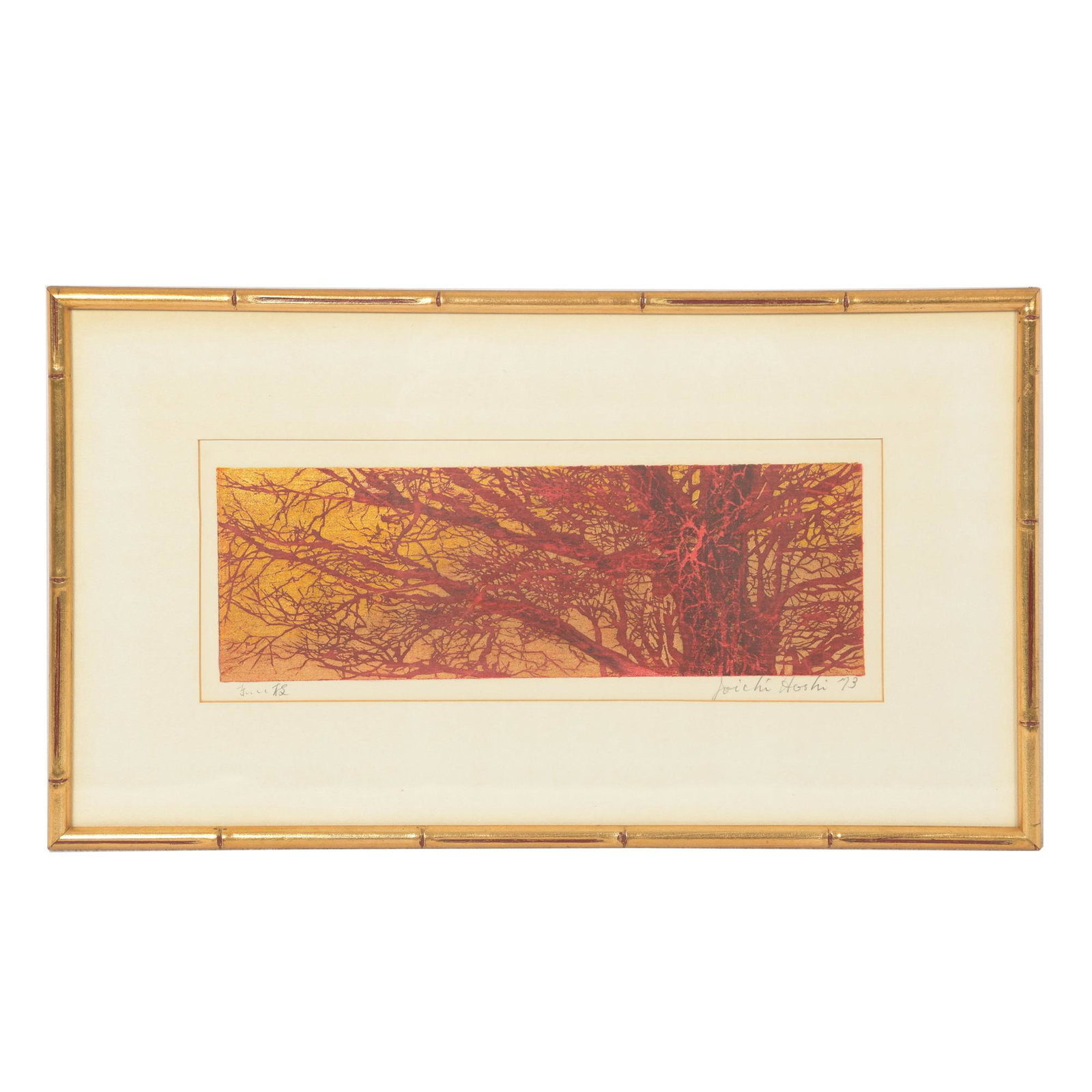 A Japanese woodblock print of red branches on a gold background by Joichi Hoshi. The print is: A Japanese woodblock print of red branches on a gold background by Joichi Hoshi. The print is signed, dated, and titled on the lower edge in pencil. It is framed. Dimensions are: the sight area measur