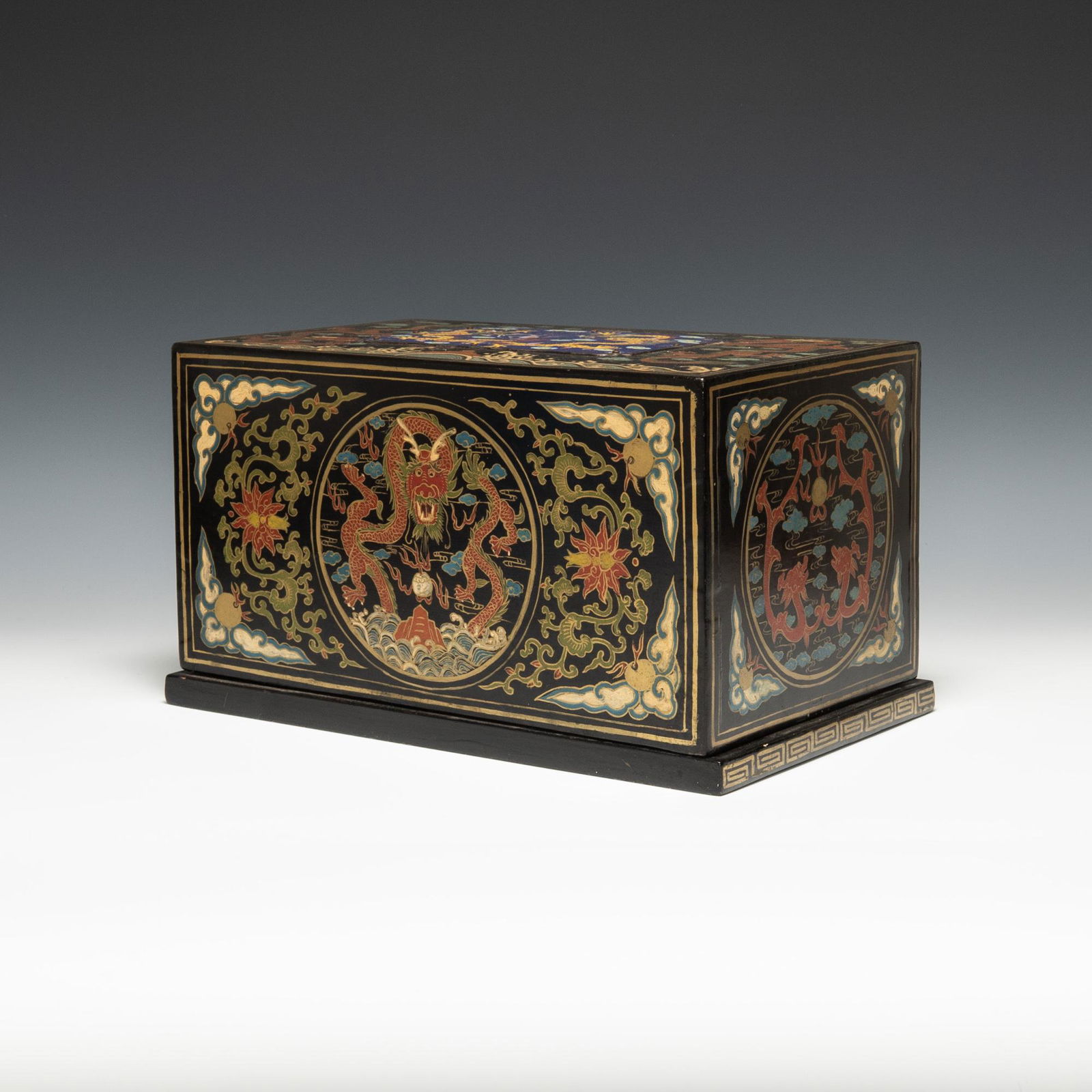 A Chinese painted wood box with a cloisonne plaque. The box is decorated with dragon and flaming (1 of 7)