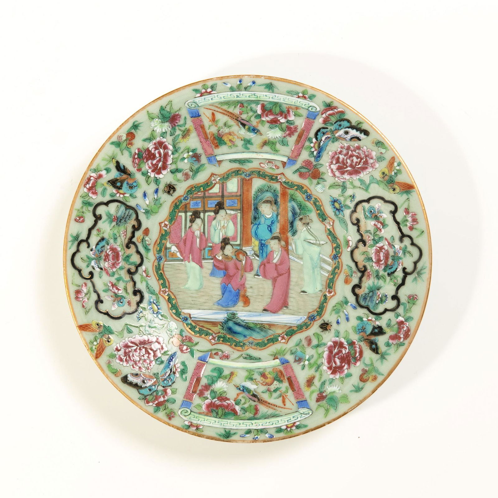 19th century Chinese celadon ground export porcelain plate.    Dimensions are. Dia.: 9 1/4 inches, (1 of 3)