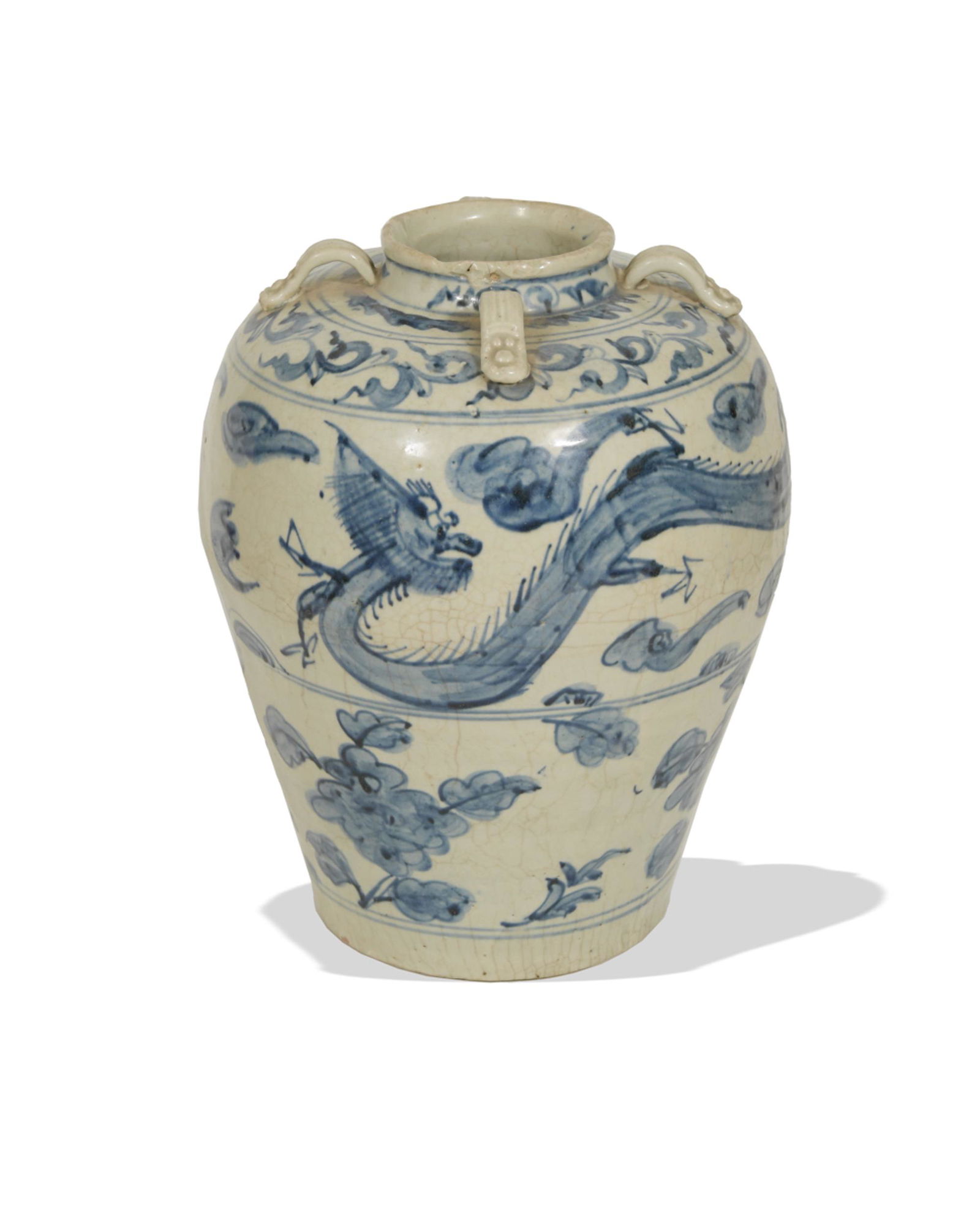 A Chinese blue and white jar dating from the Ming dynasty or early. The shoulder has four handles (1 of 8)