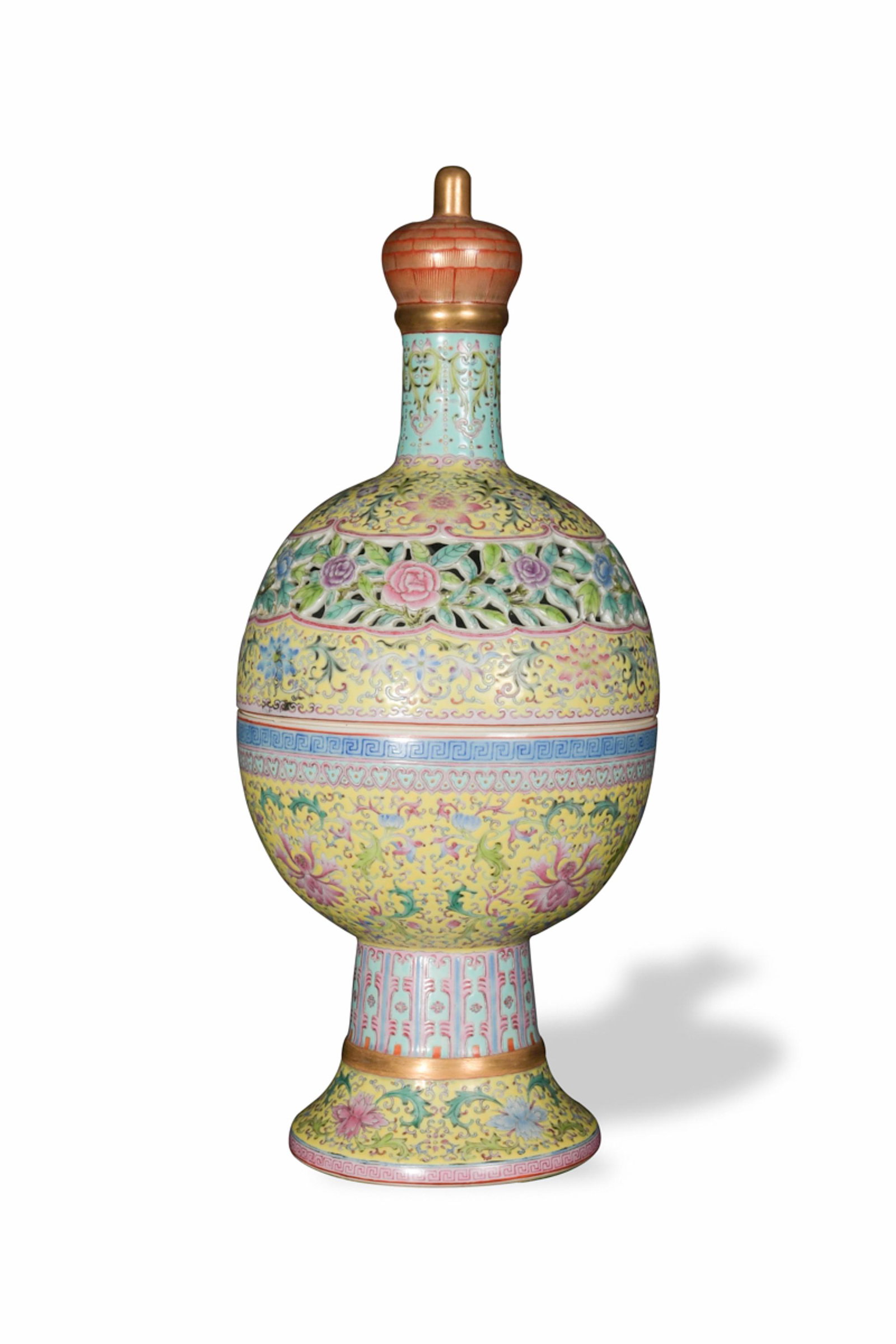 A large Chinese yellow-ground famille rose incense holder with a 6-character Qianlong mark and of: A large Chinese yellow-ground famille rose incense holder with a 6-character Qianlong mark and of the period. The egg-shaped incense holder is tall with a flared foot and a tall handle on its lid. The