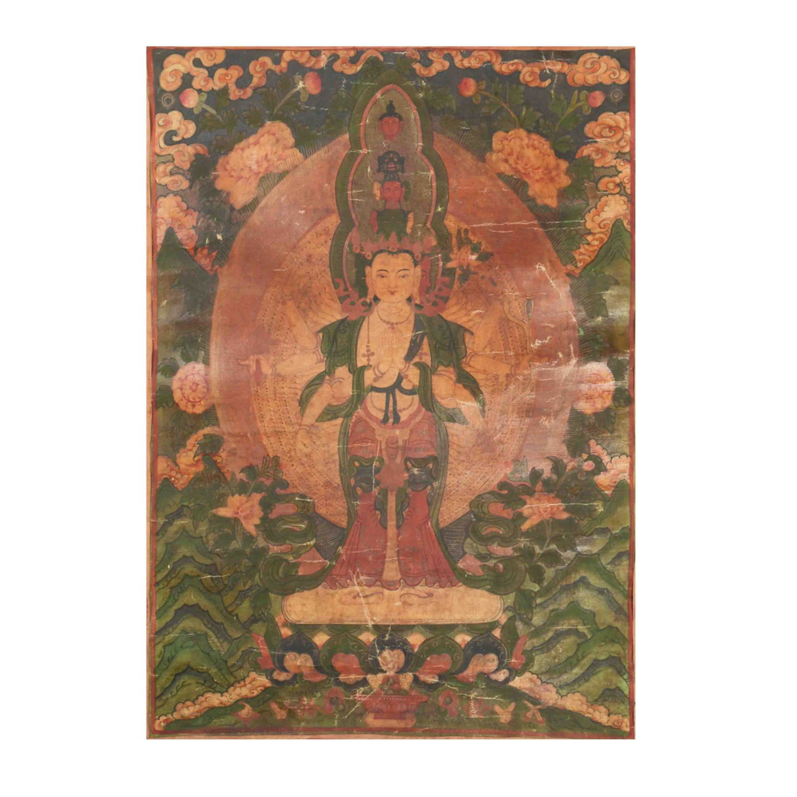 A paint on cloth thangka of Avalokiteshvara as a universal deity with eleven faces and one thousand (1 of 6)