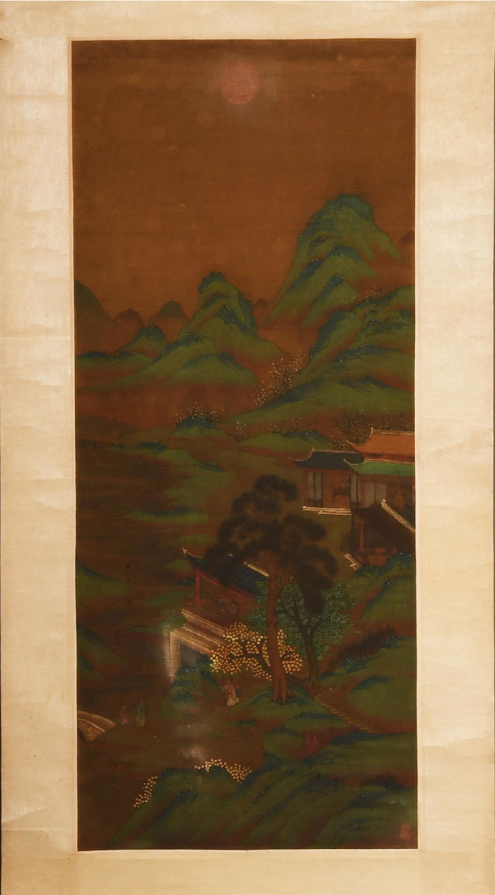 A Chinese watercolor and ink painting on silk of six figures in a landscape scene by Qiu Yin. It has (1 of 7)
