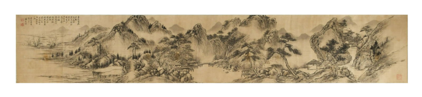 A Chinese ink handscroll painting on silk of three figures in a landscape attributed to Xiang (1 of 8)