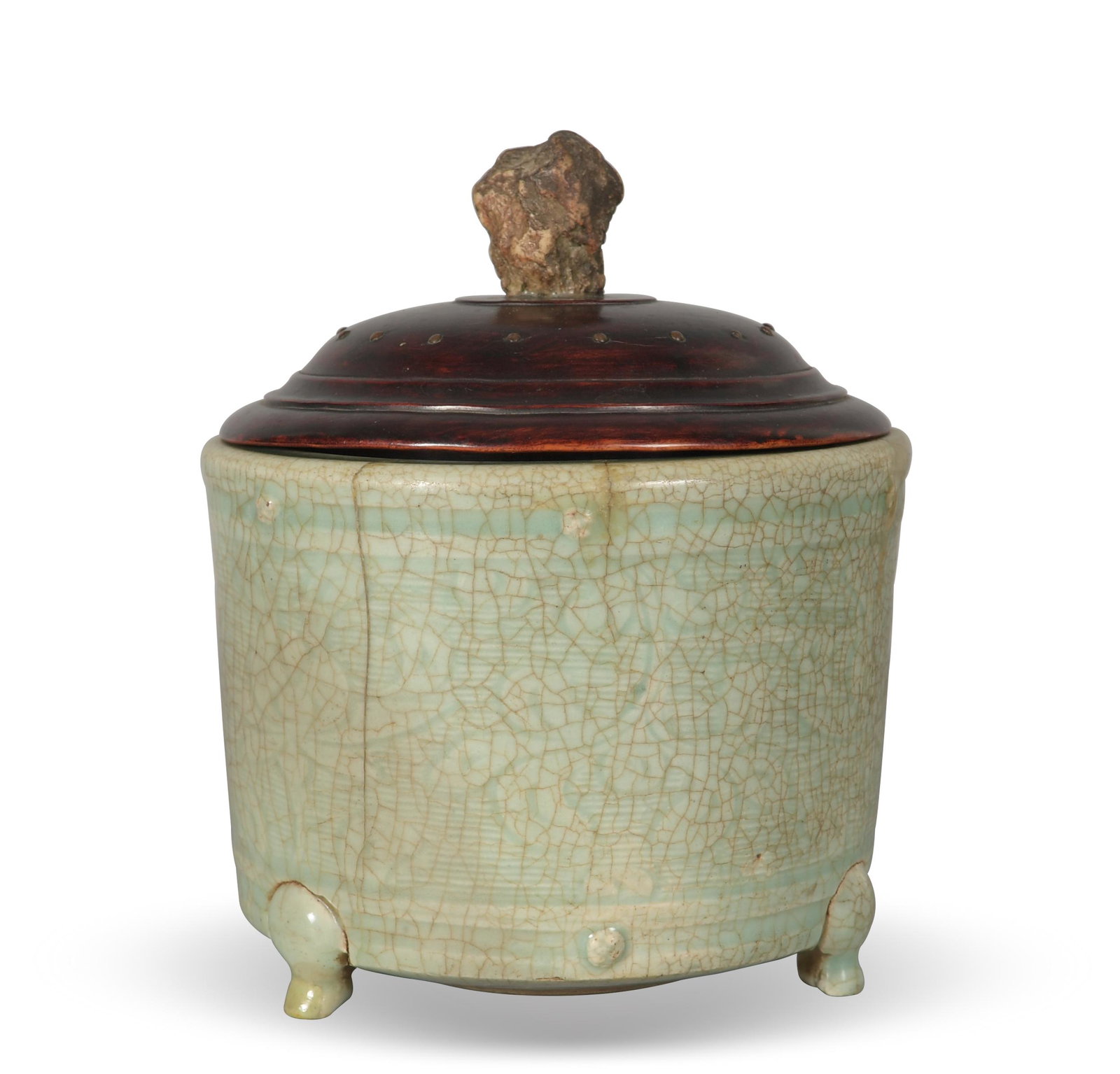 Chinese Longquan Tripod Censer with lid, Ming: A Chinese Longquan glazed tripod censer dating from the Ming dynasty with a wooden lid and rough stone finial. Dimensions are: 4 1/2 inches tall X 6 inches wide, 11.43 cm X 15.24 cm. All measurements 
