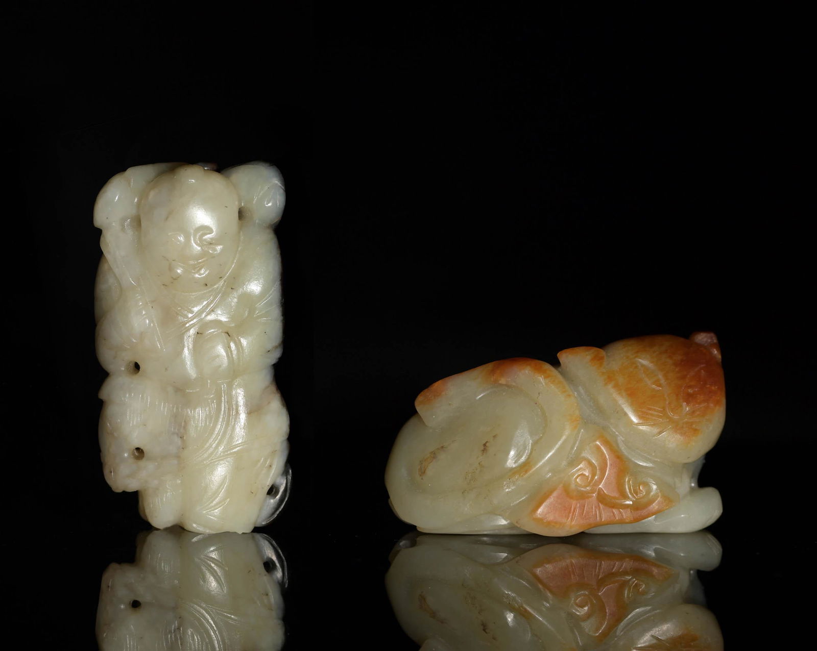 2 Chinese Carved Jade Boy and Animal, 18th Century (1 of 6)