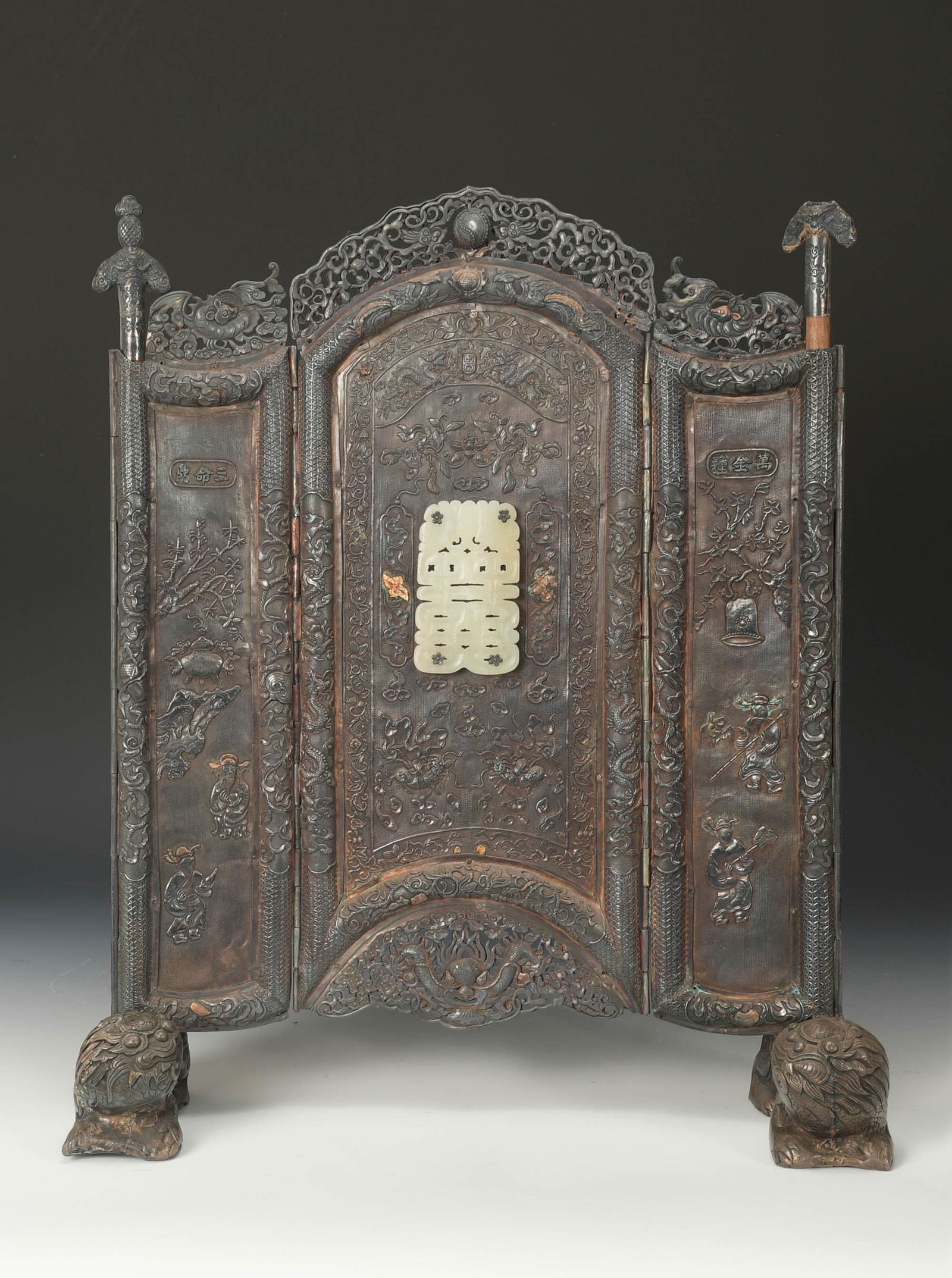 Vietnamese Metal Triptych Screen with Jade Plaque (1 of 4)