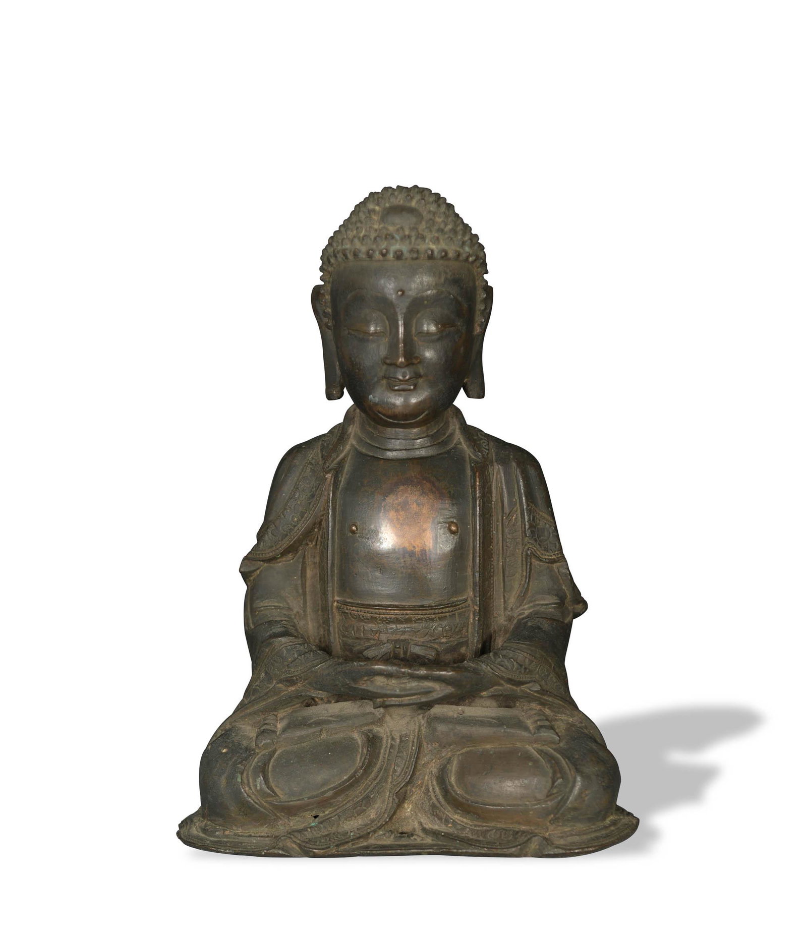 Chinese Gilt Bronze Seated Buddha, Ming Dynasty: A Chinese gilt bronze seated Buddha dating from the Ming dynasty. Dimensions are: 9 inches tall X 6 1/2 inches wide X 4 1/4 inches deep, 22.86 cm X 16.51 cm X 10.80 cm, 2030 grams. All measurements ar